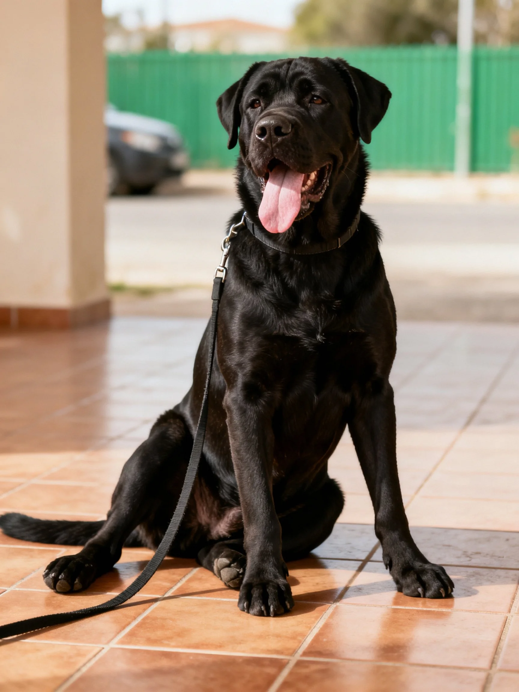 A black Labrador Retriever sits on tiled flooring near a green fence