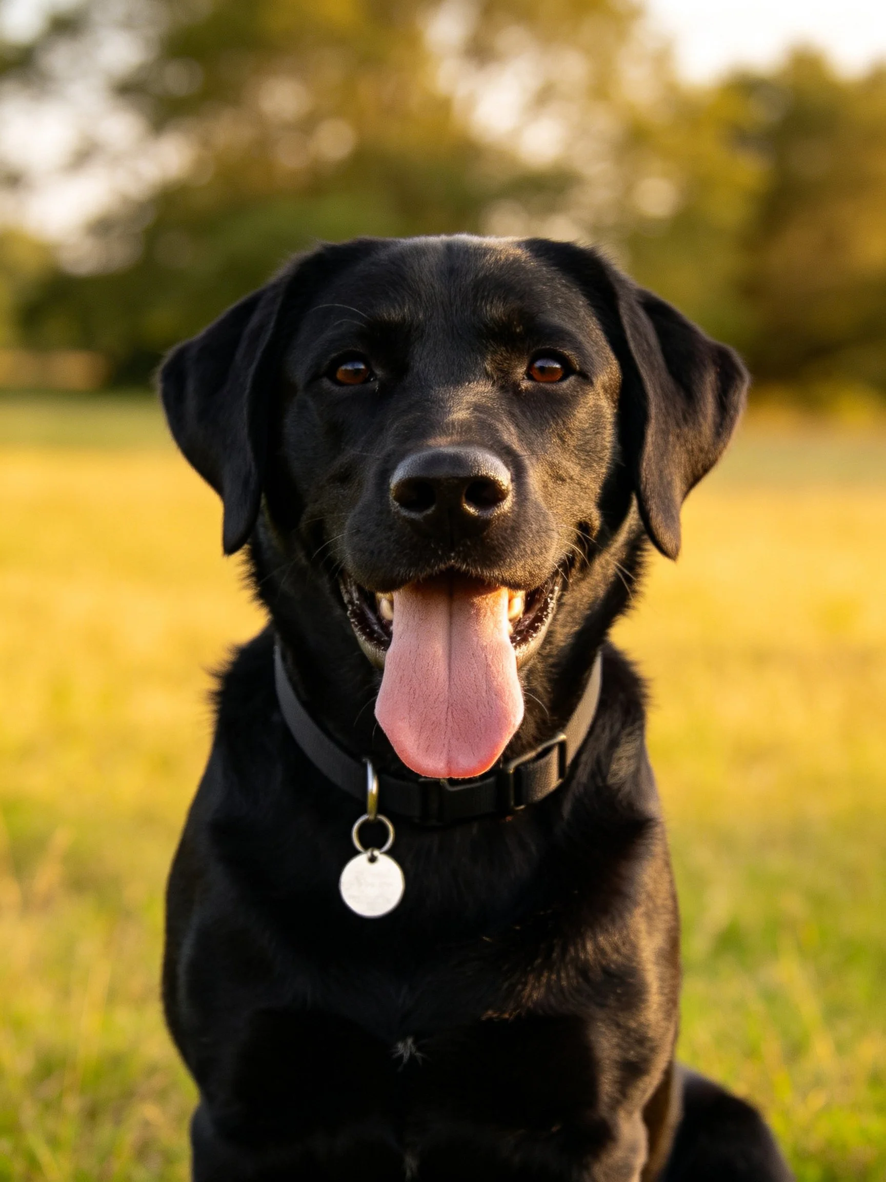 A black Labrador Retriever relaxes in a sunlit outdoor setting.