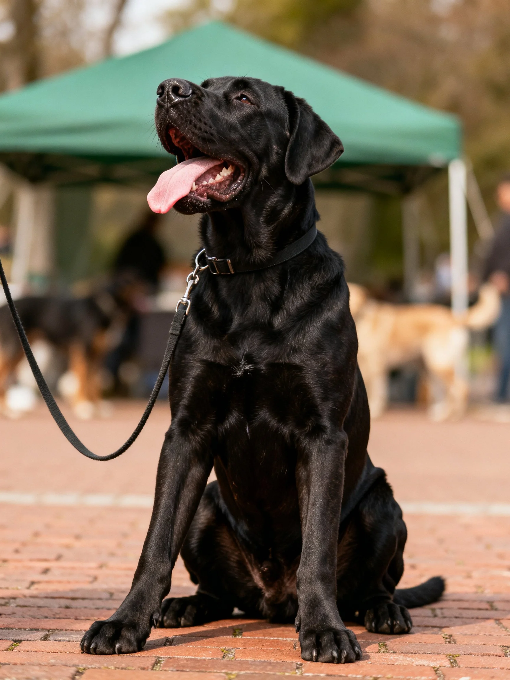 A black Labrador Retriever sits calmly on brick pavement with a leash attached.