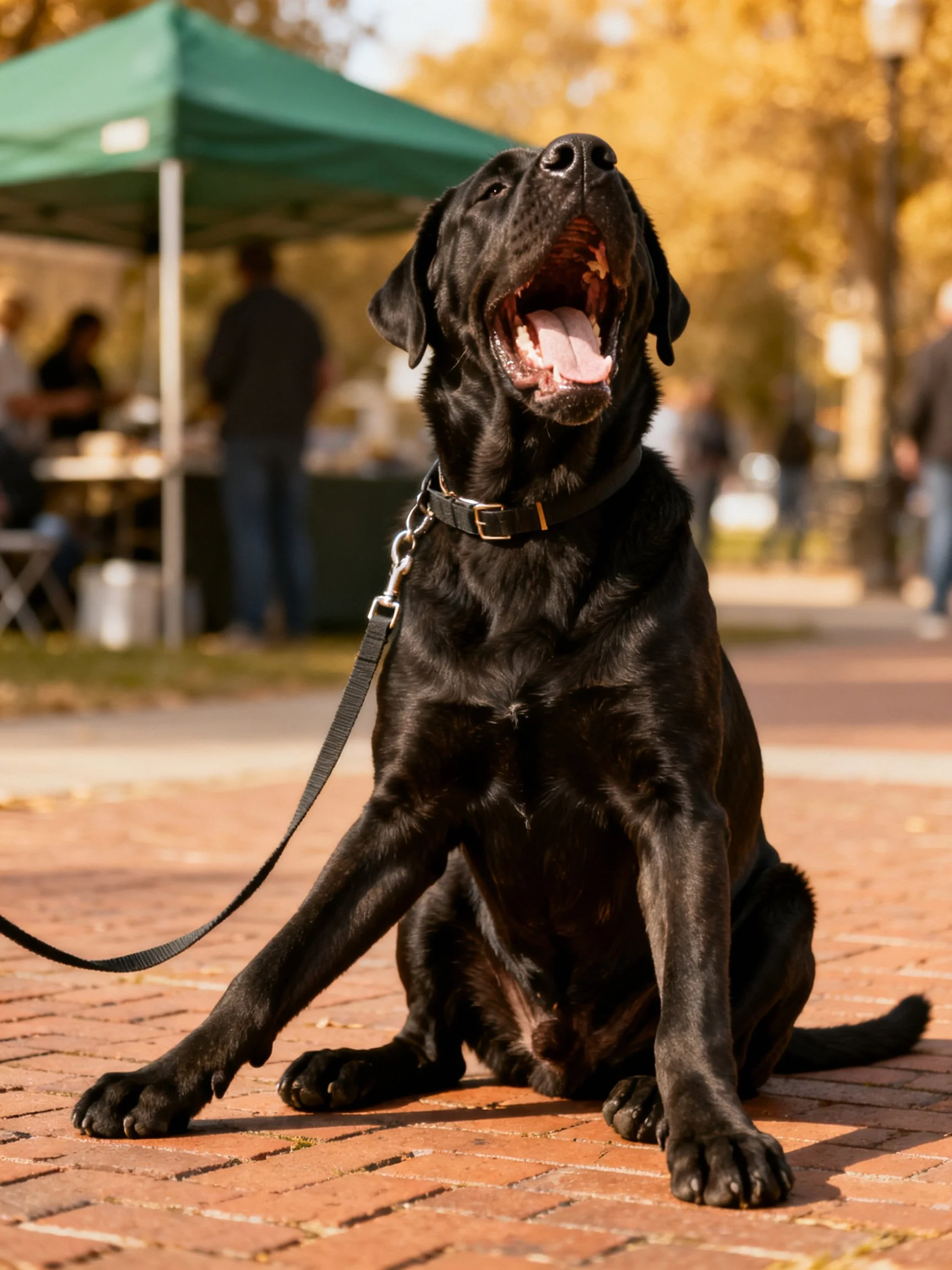 A black dog sits calmly on brick pavement in an outdoor public space.