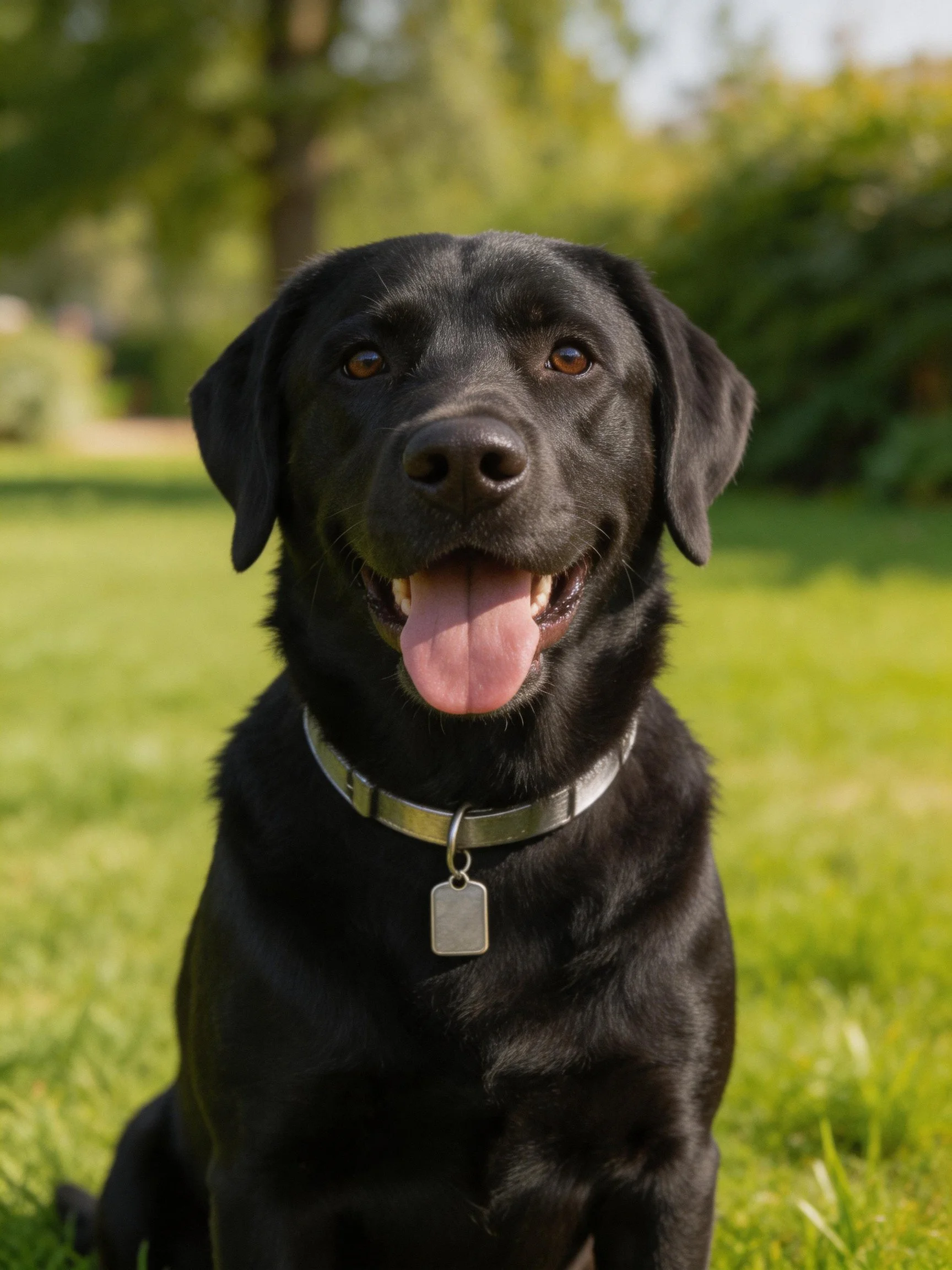 A happy black Labrador Retriever rests on grass in a sunlit, green outdoor space.