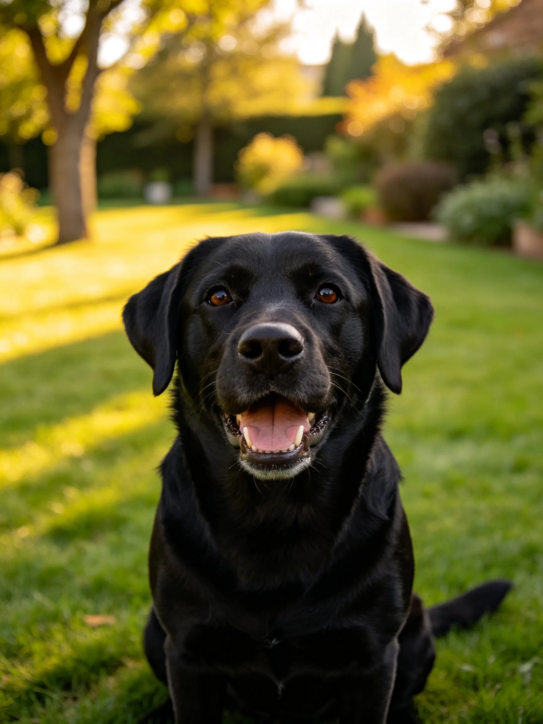 A black Labrador Retriever sits happily on green grass in a sunlit garden.