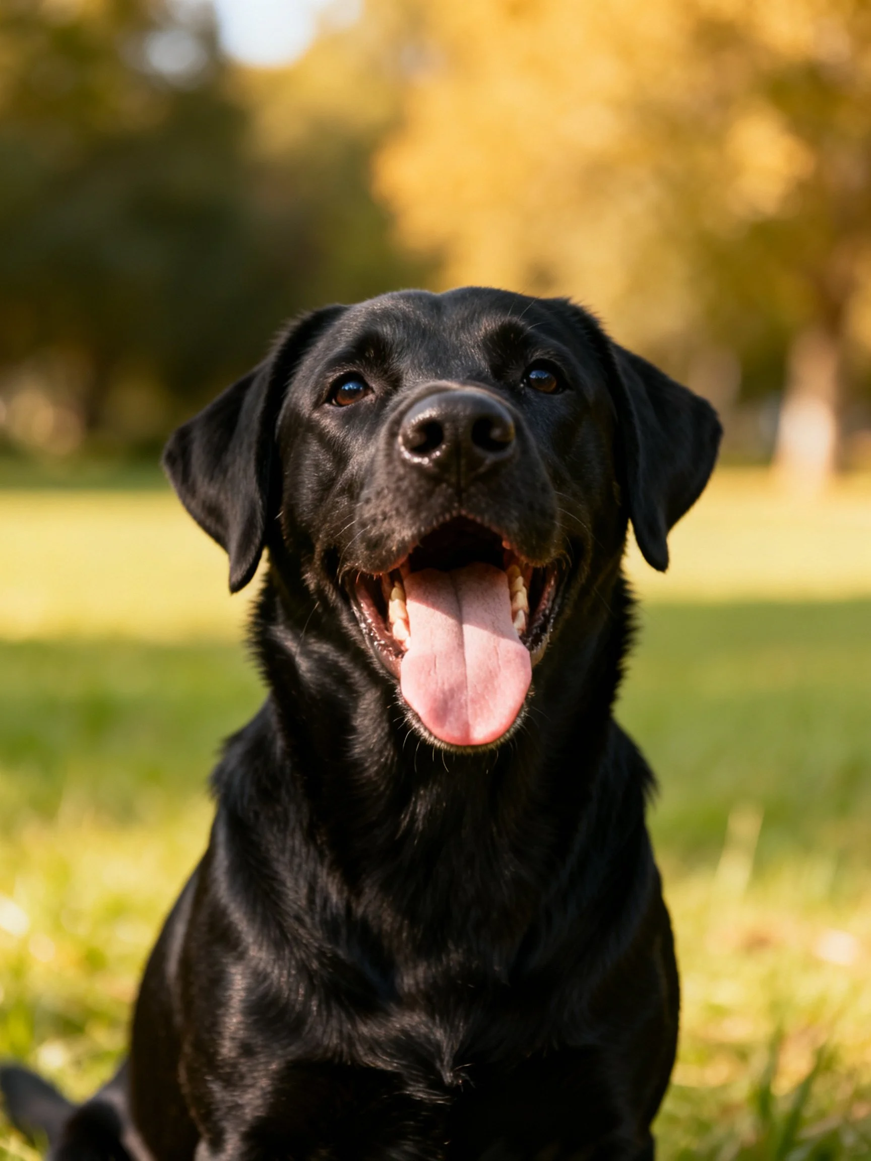 A black Labrador Retriever sits happily in a sunlit park environment.