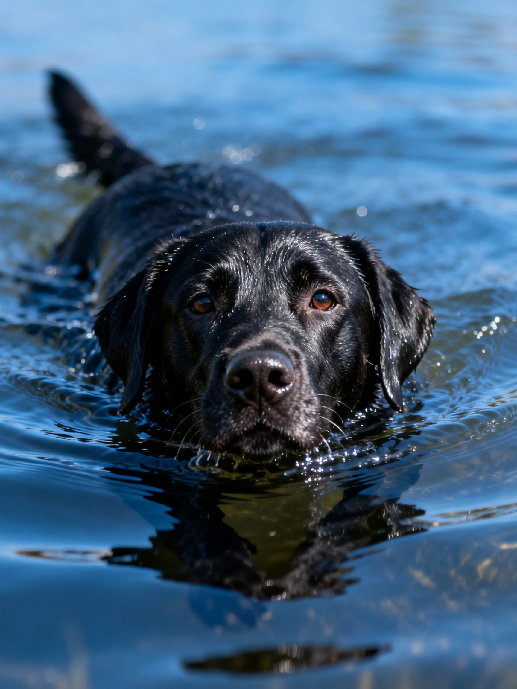 A black Labrador Retriever swims through calm blue water.