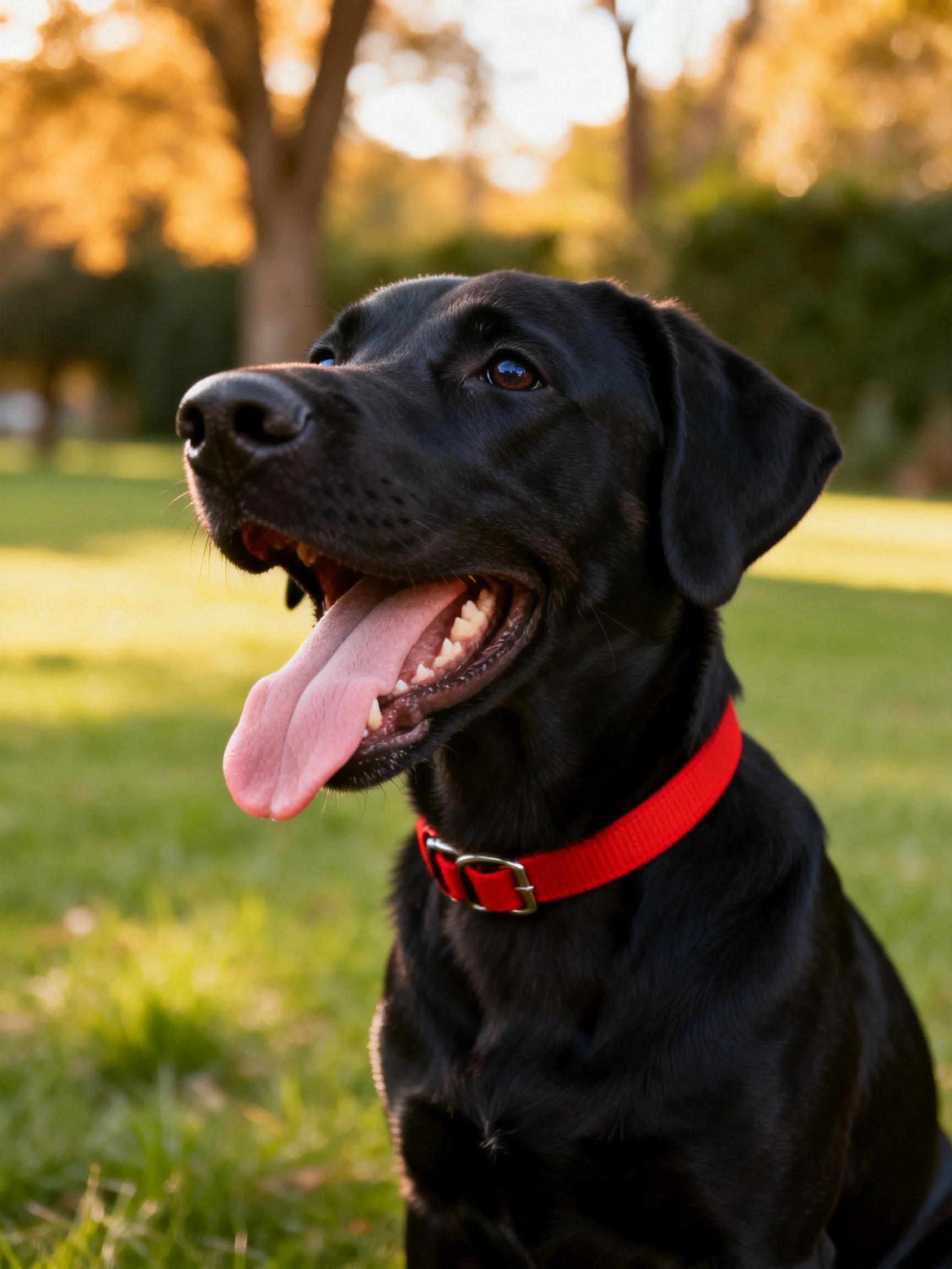 A black dog with a red collar sits contentedly in a sunlit park.