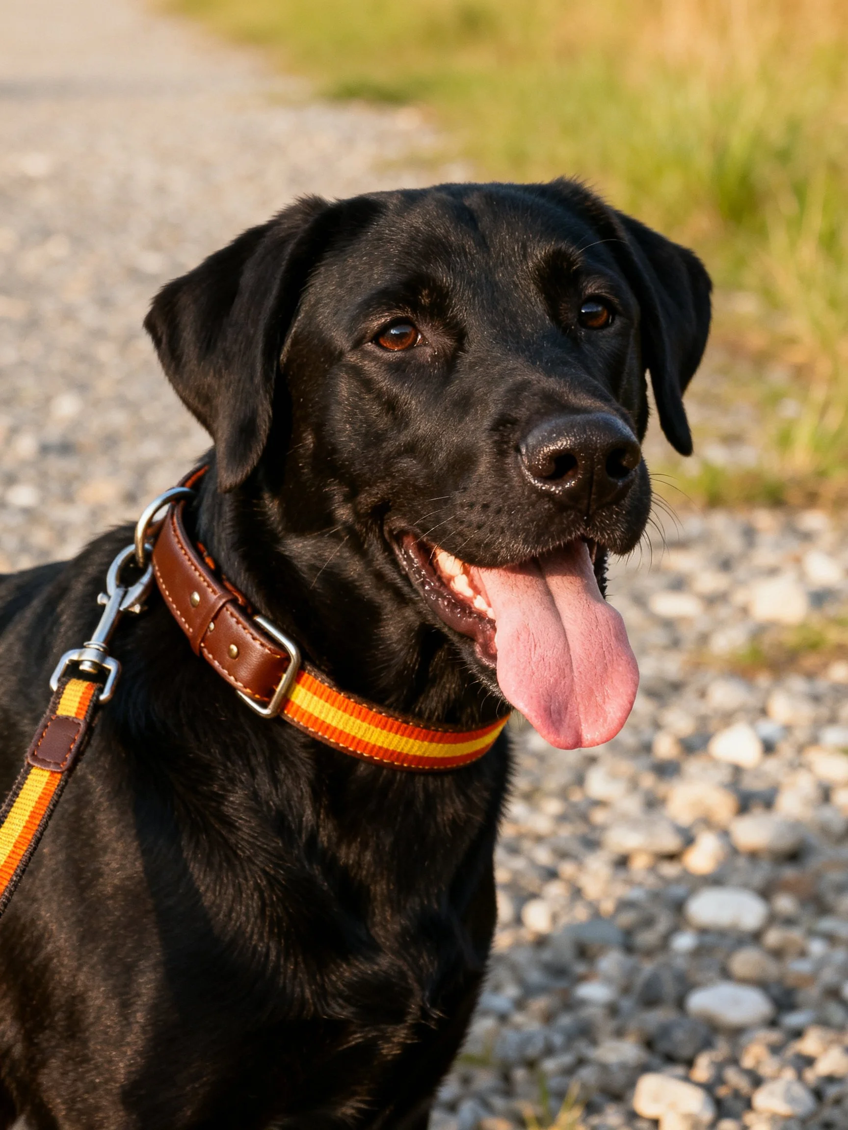A black Labrador Retriever stands on a gravel path with a brown collar.