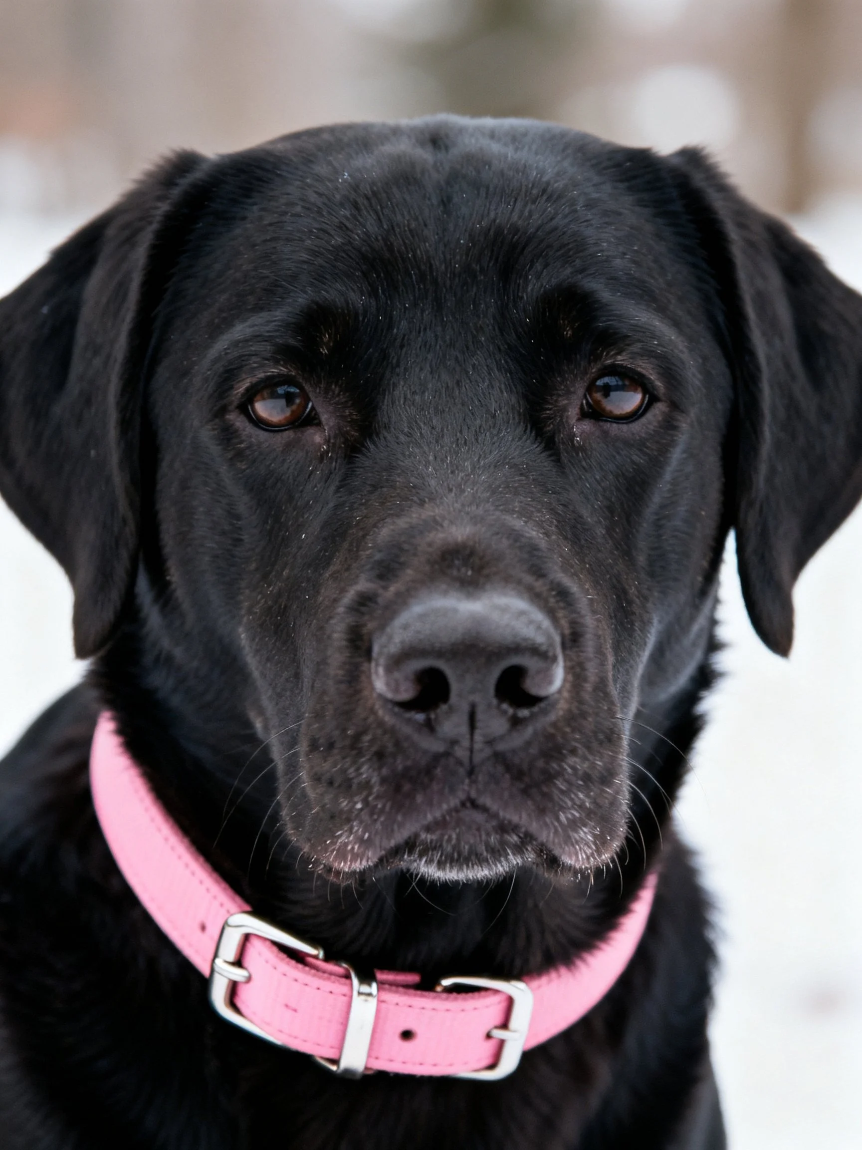 A close - up of a black Labrador Retriever wearing a pink collar.