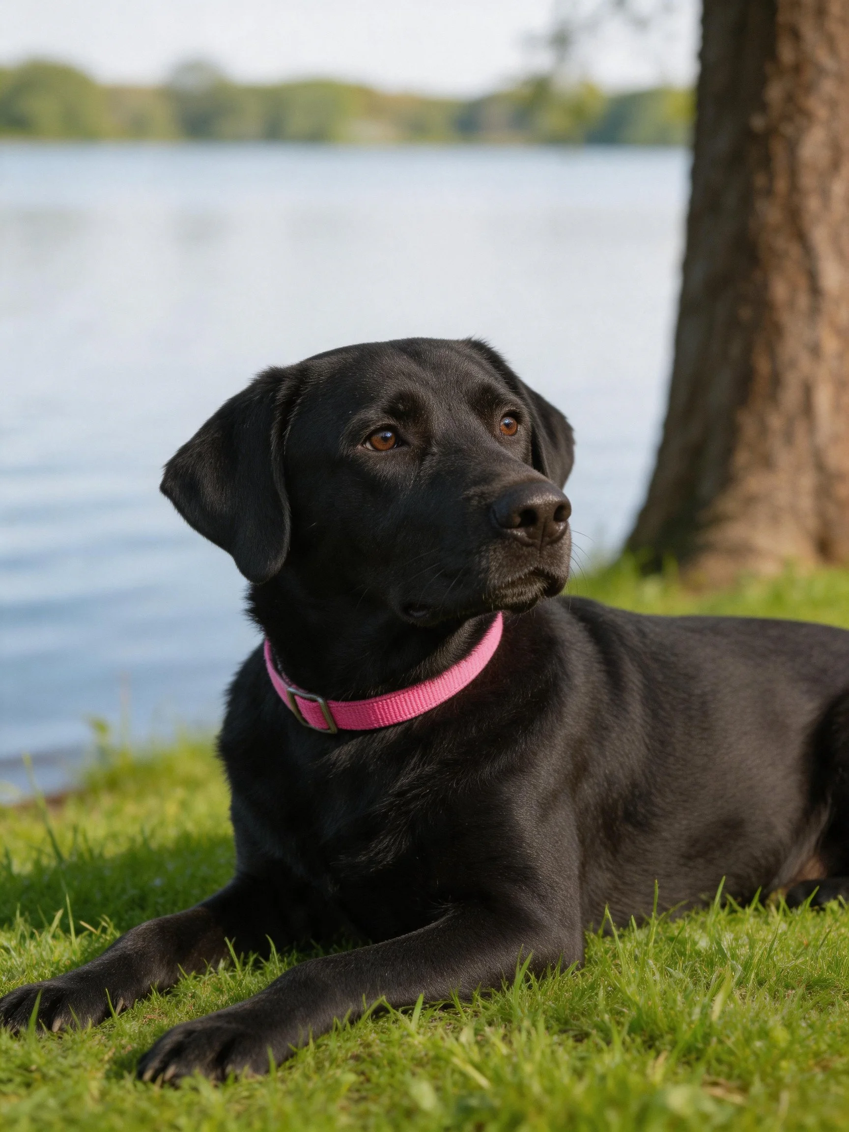 A black Labrador Retriever wearing a pink collar relaxes near a body of water