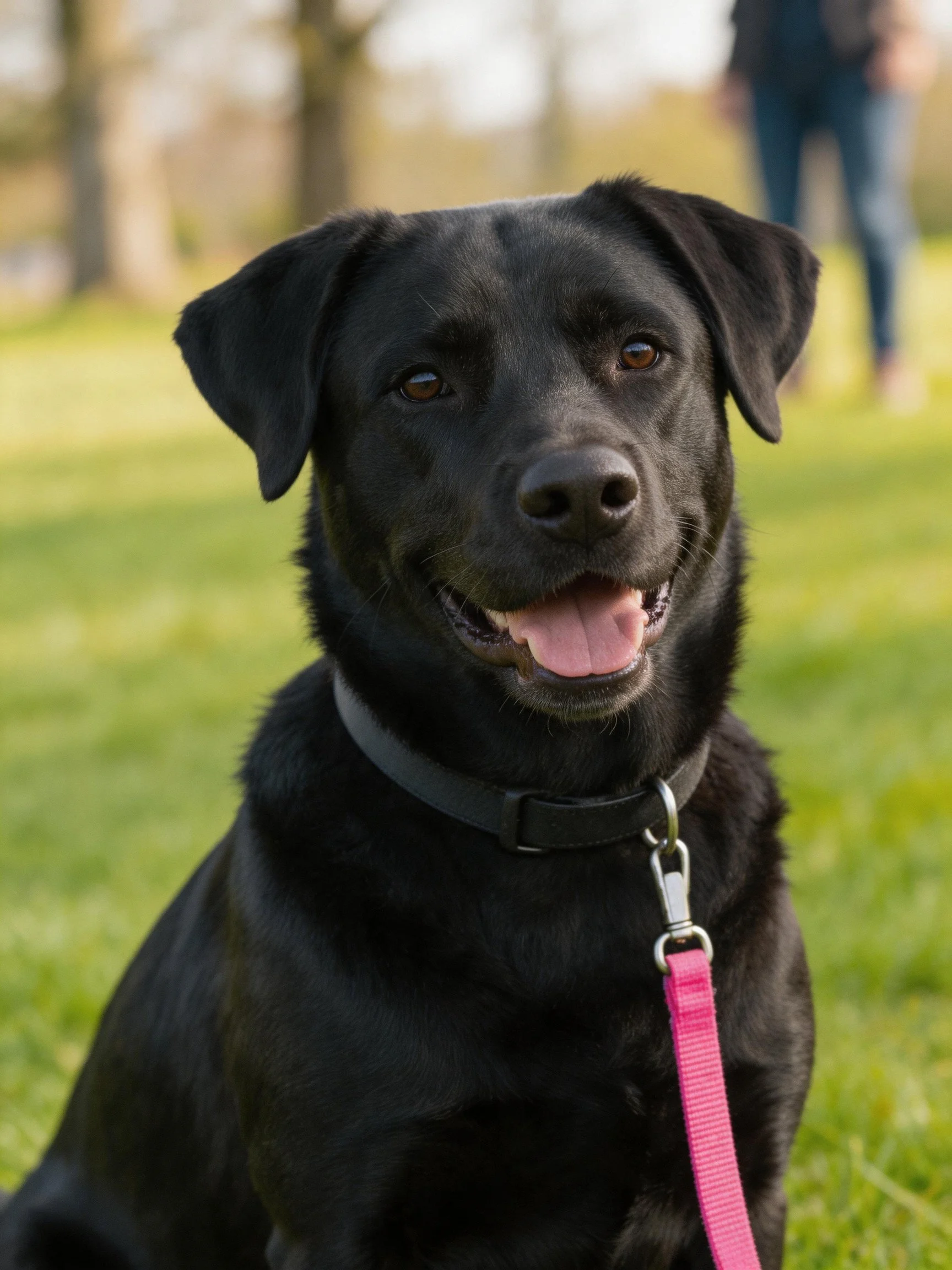 A black Labrador Retriever with a pink leash is outdoors on grass.