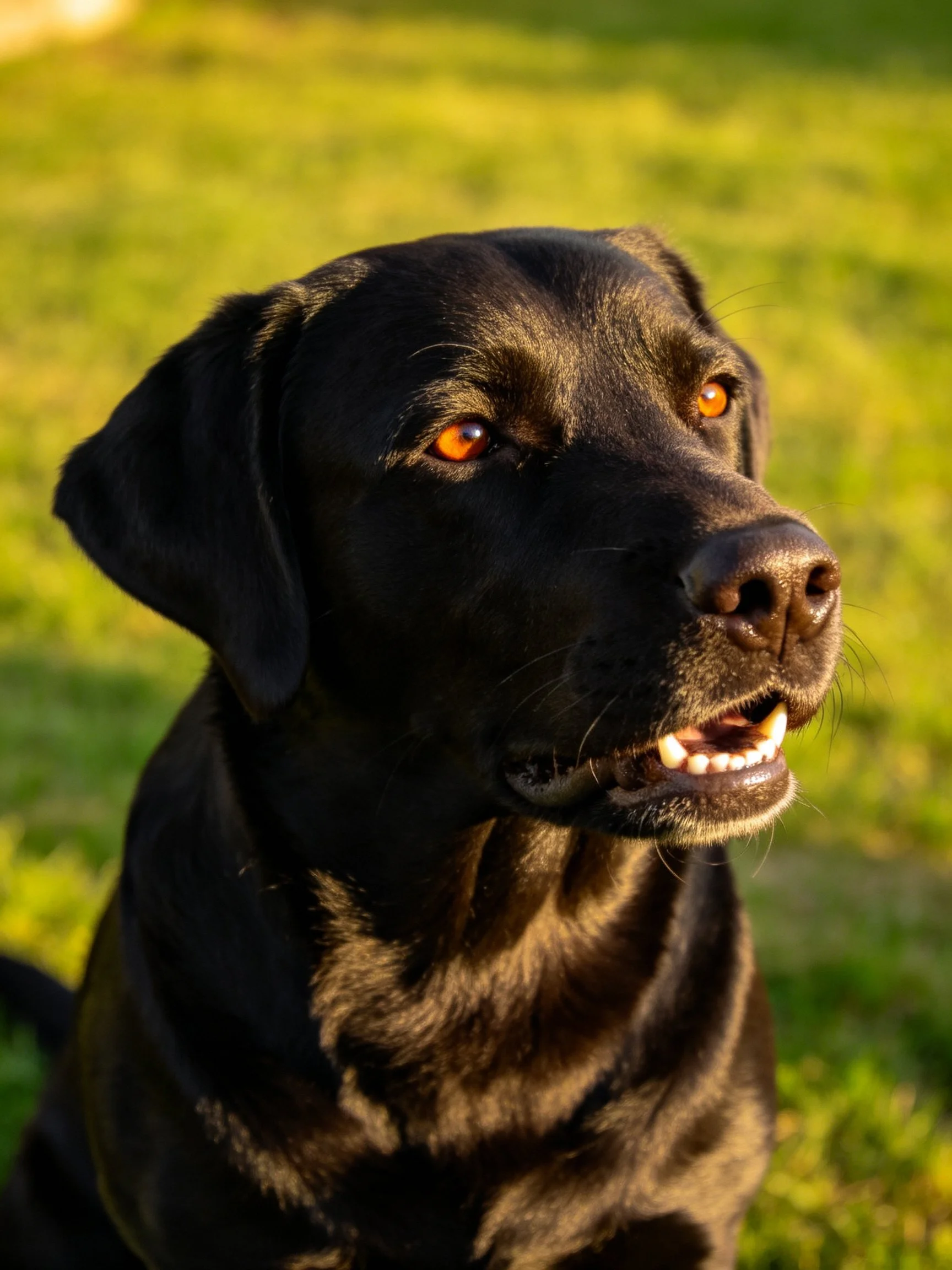 A black Labrador Retriever looks attentive outdoors.