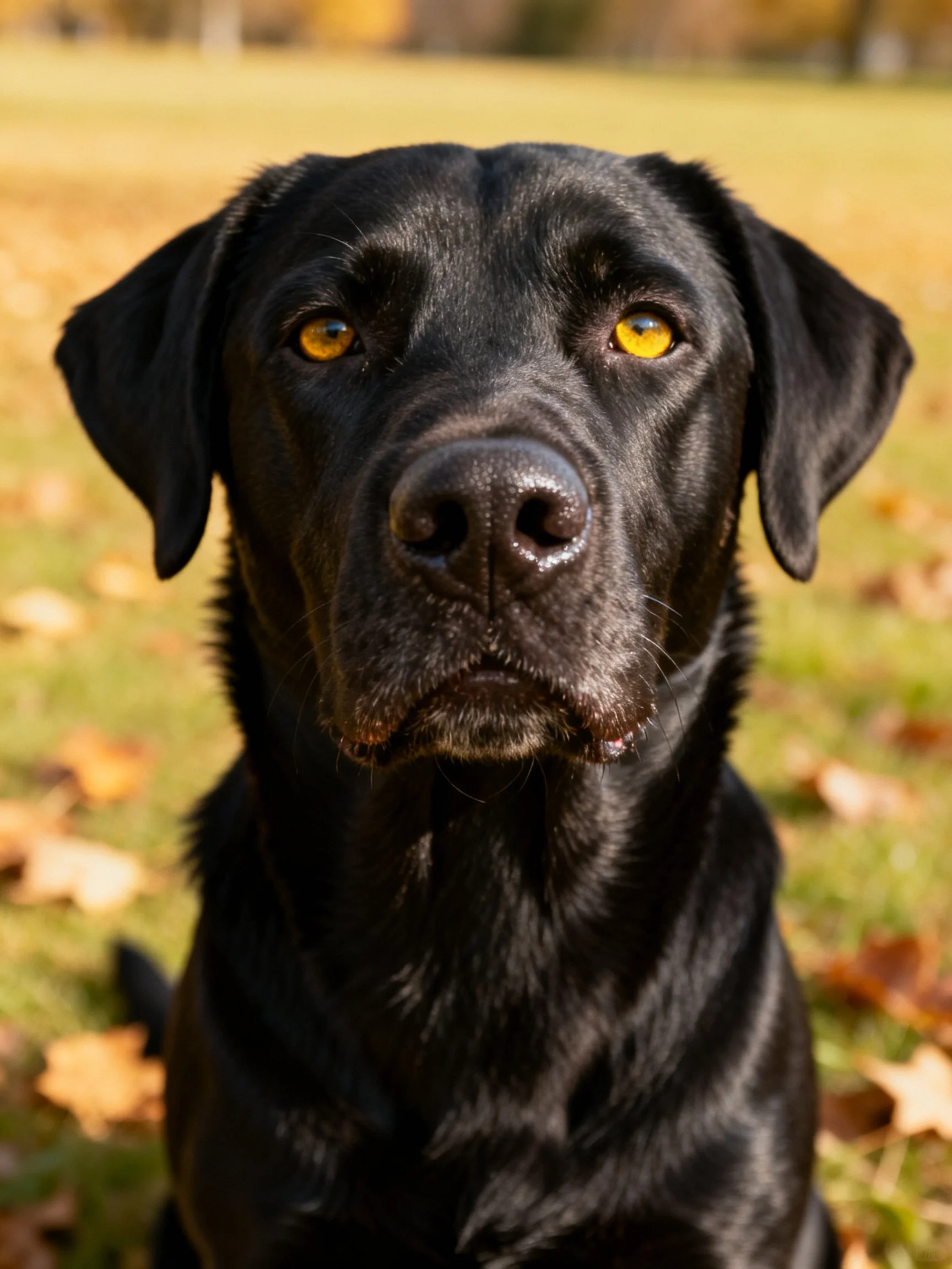 A black Labrador Retriever looks directly at the camera amid scattered autumn leaves.