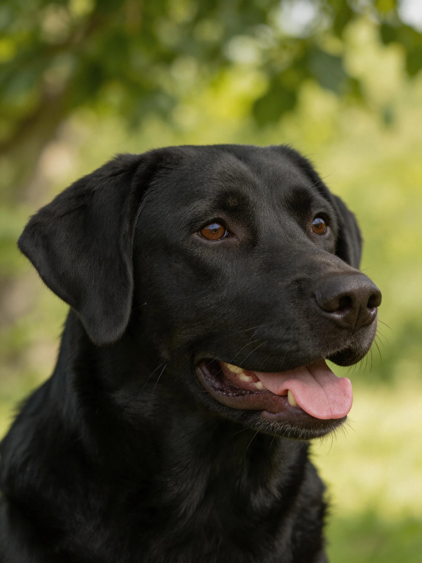 A black Labrador Retriever relaxes in a green outdoor area.