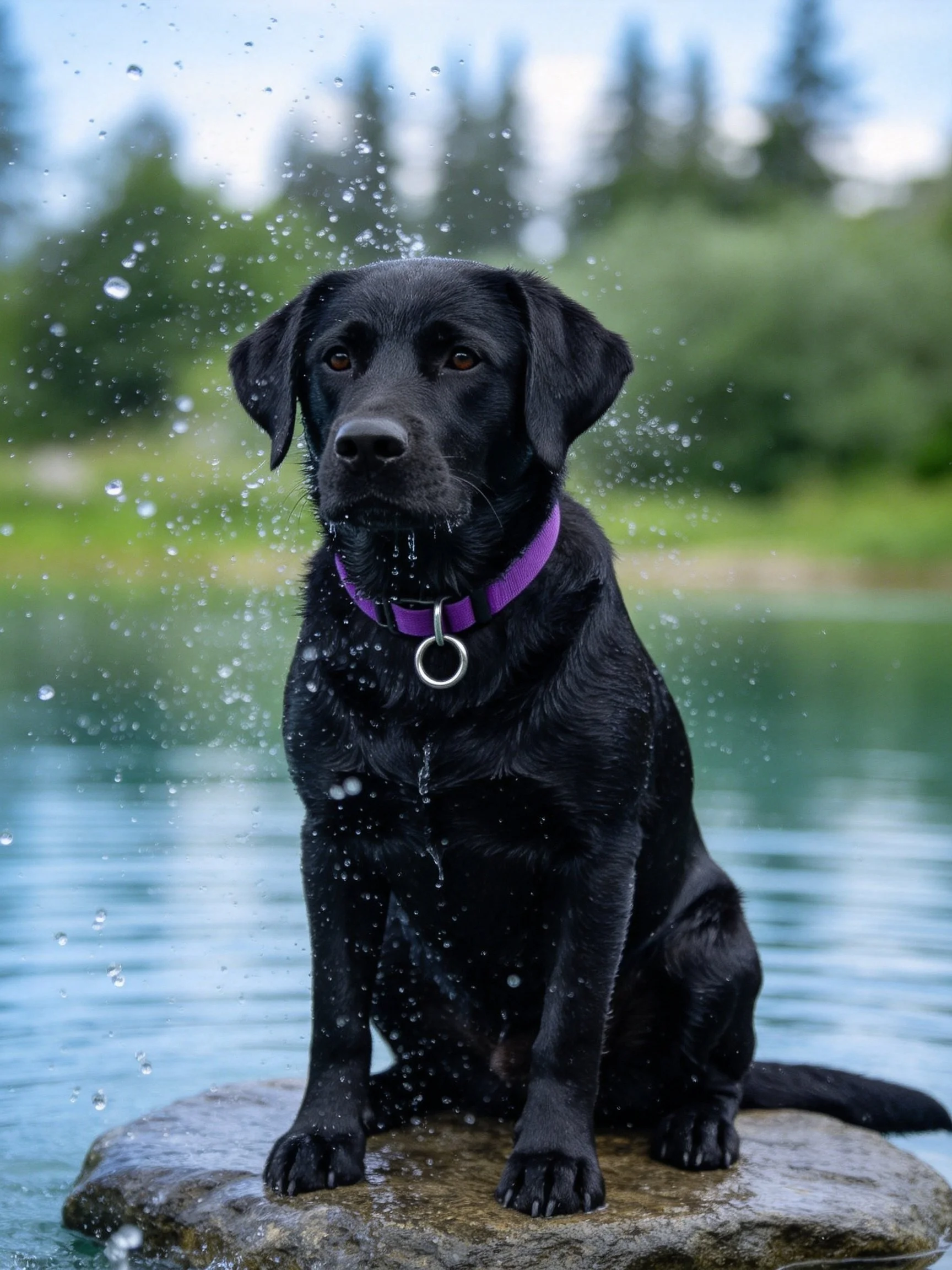 A black Labrador Retriever with purple collar sits calmly on a rock by water.