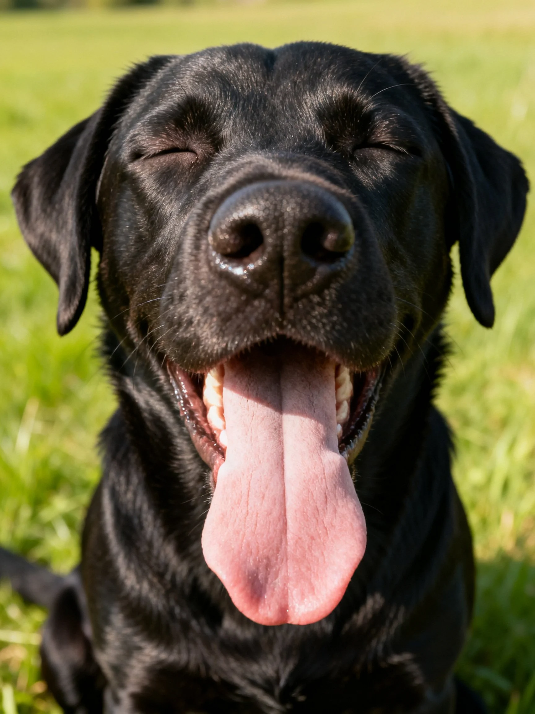 A black Labrador Retriever relaxes outdoors with eyes shut.