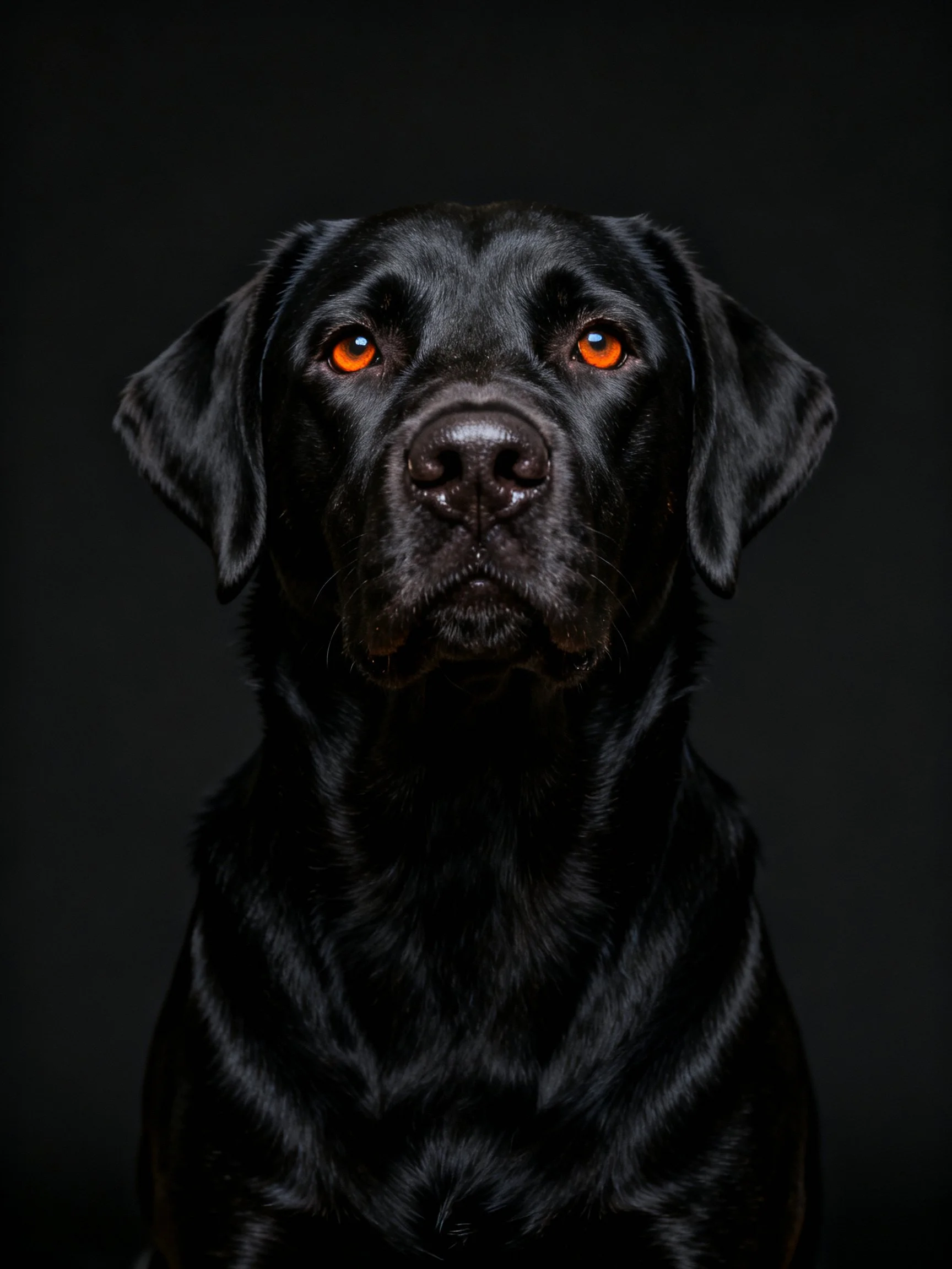 A black LabradorRetriever gazes directly at the viewer with bright amber eyes.