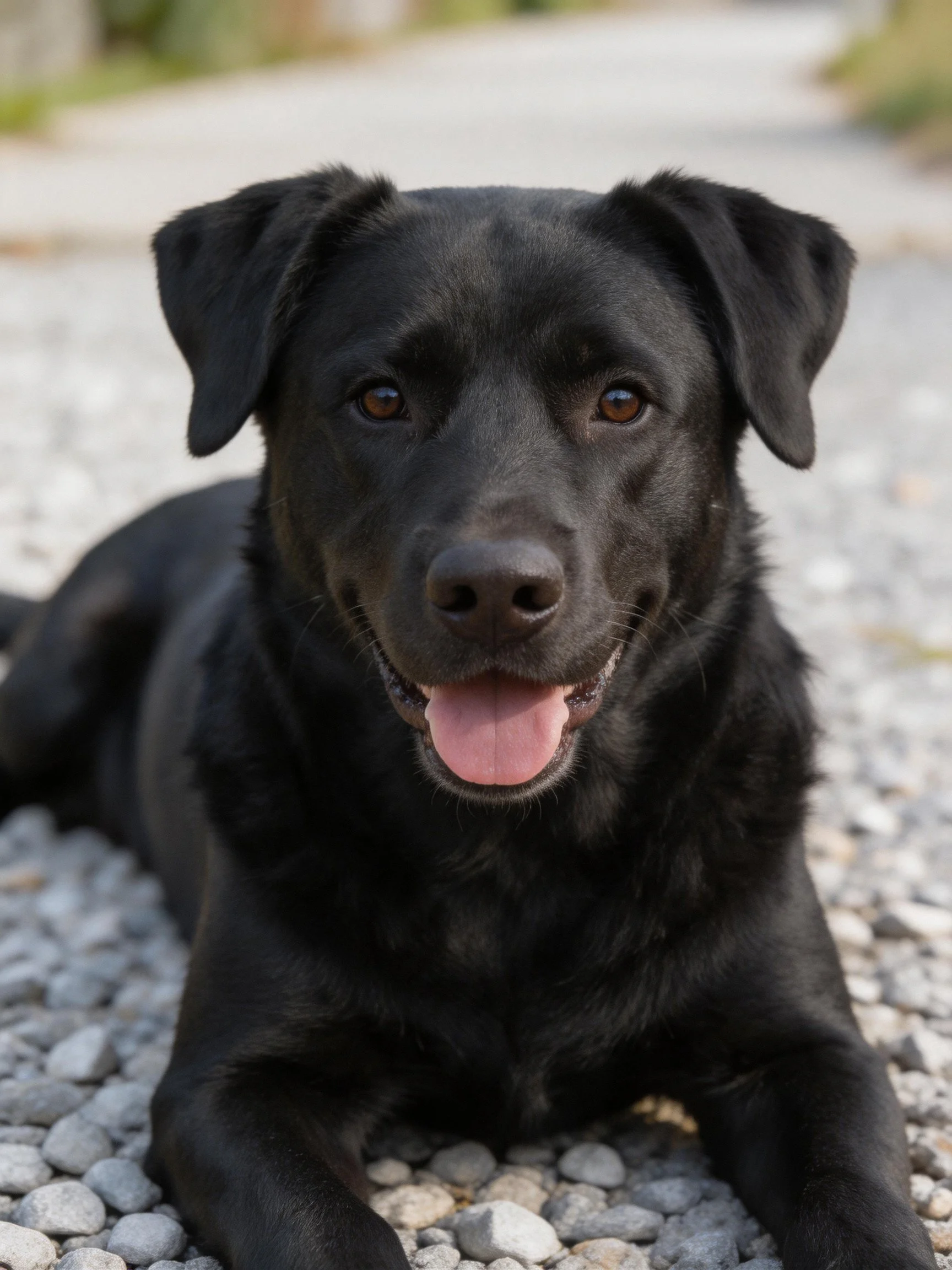 A black Labrador Retrieverrests on smooth gray pebbles outdoors