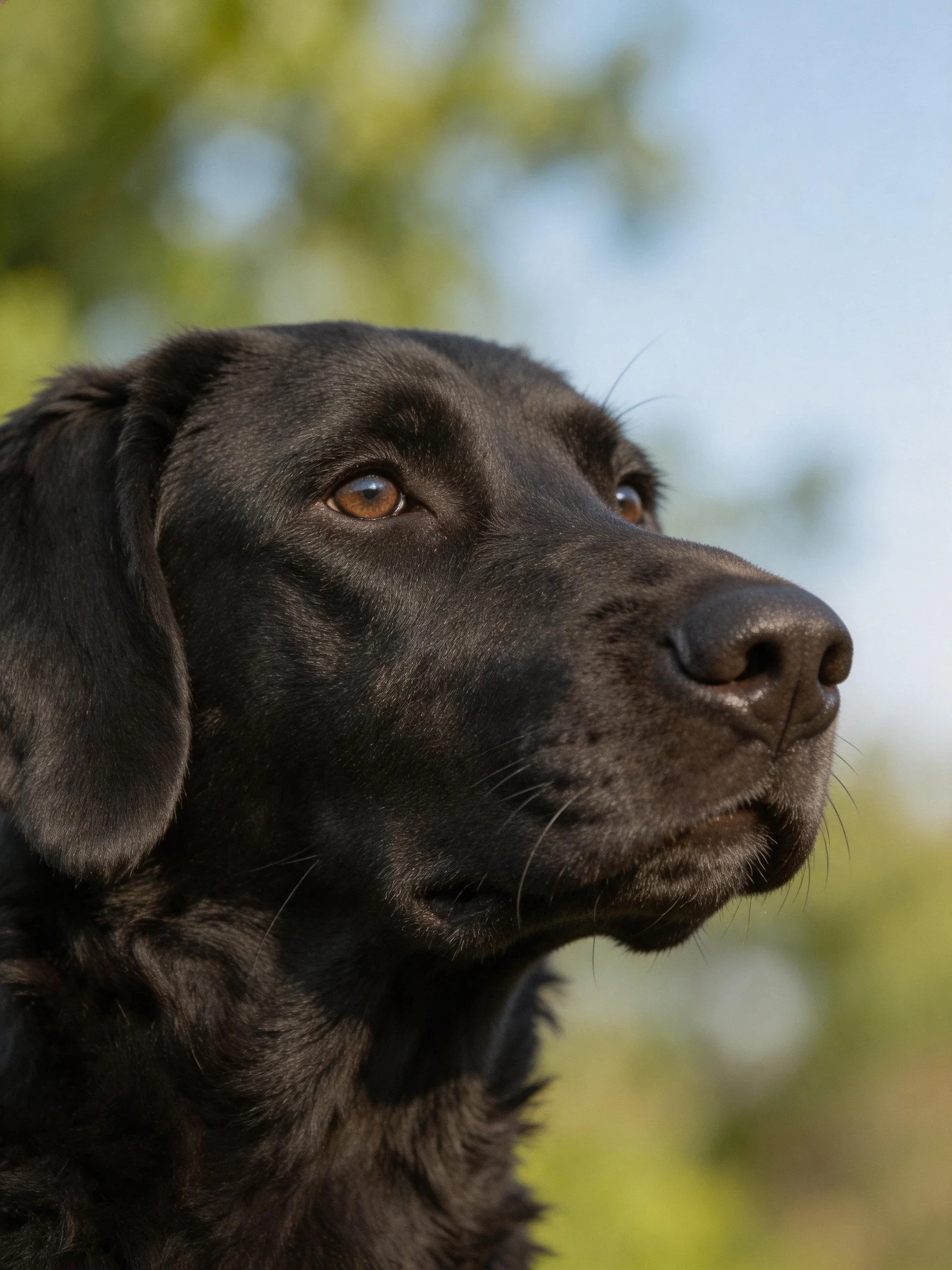 A black Labrador Retrievers profile with brown eyes outdoors