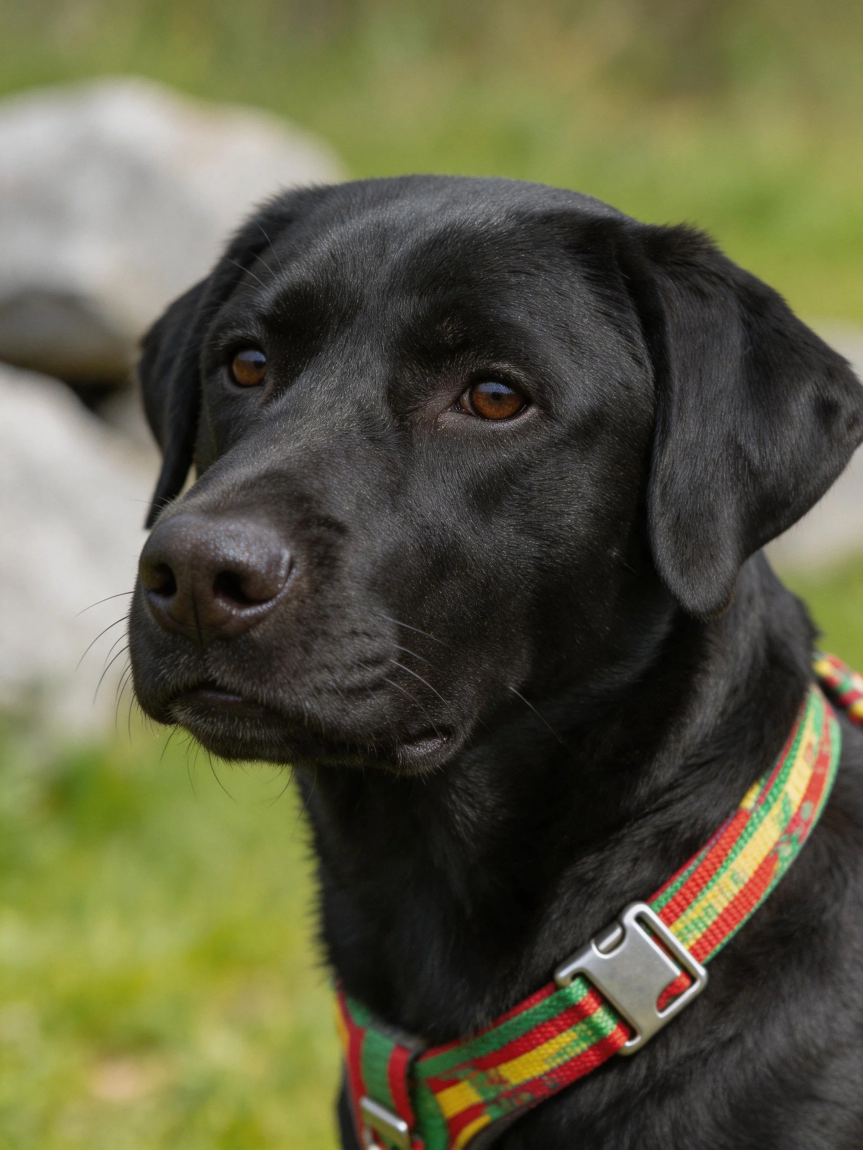 A black Labrador dog wearing a colorful striped collar outdoors