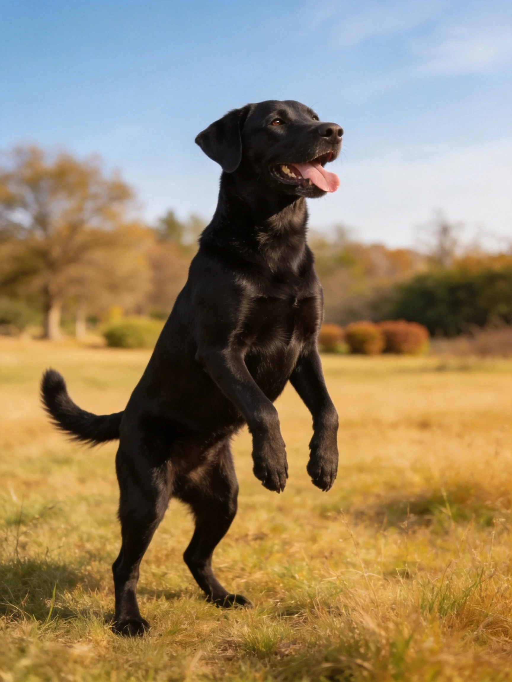 A black Labrador jumps joyfully in an open field