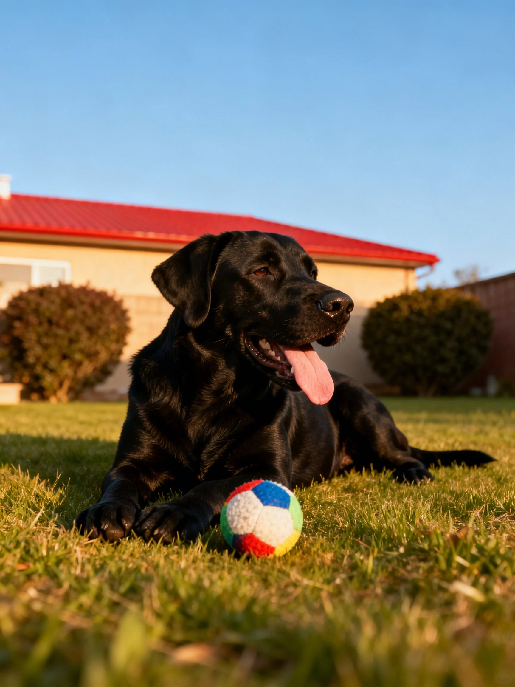 A black Labrador lies beside a colorful ball on sunlit grass
