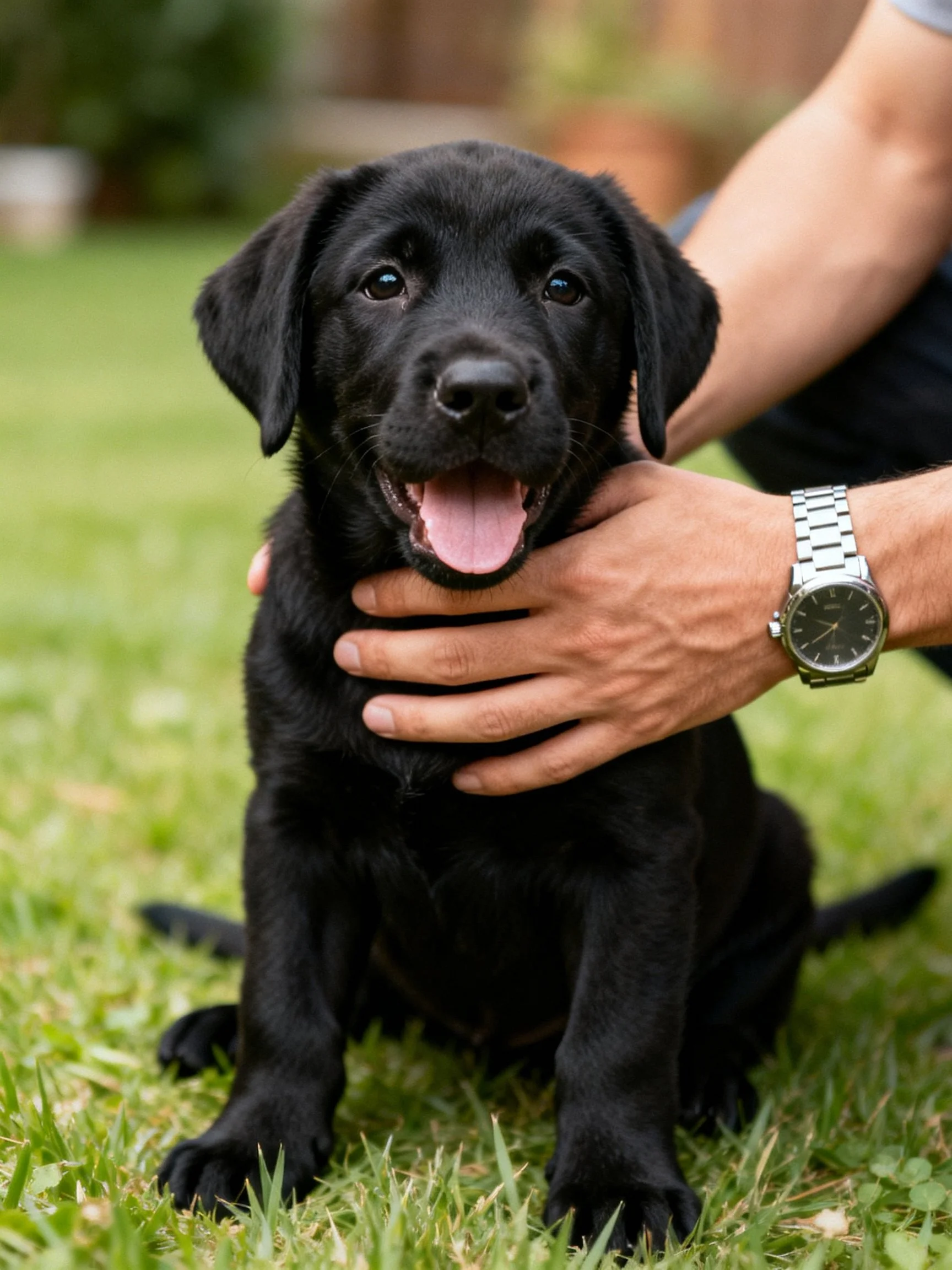 A black puppy sits on grass as a person’s hand interacts with it