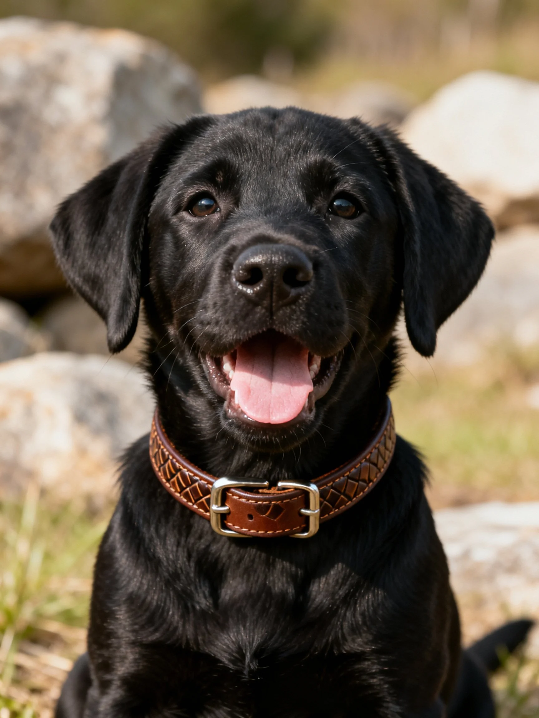 A black Labrador puppy sits near rocks, wearing a brown leather collar.