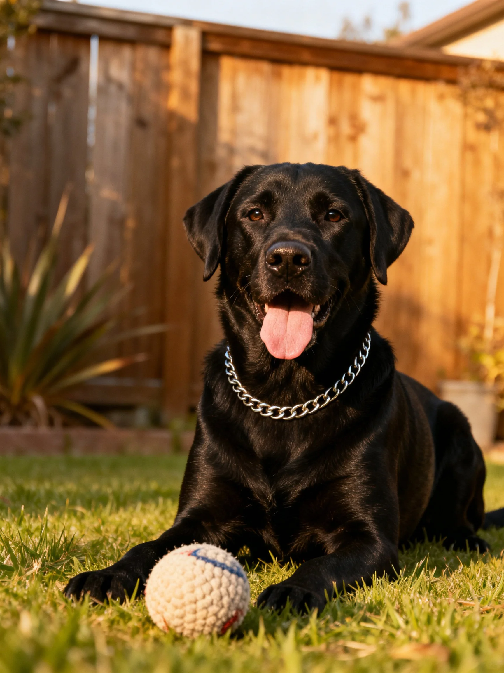 A black Labrador relaxes beside a crocheted ball in a sunlit backyard.