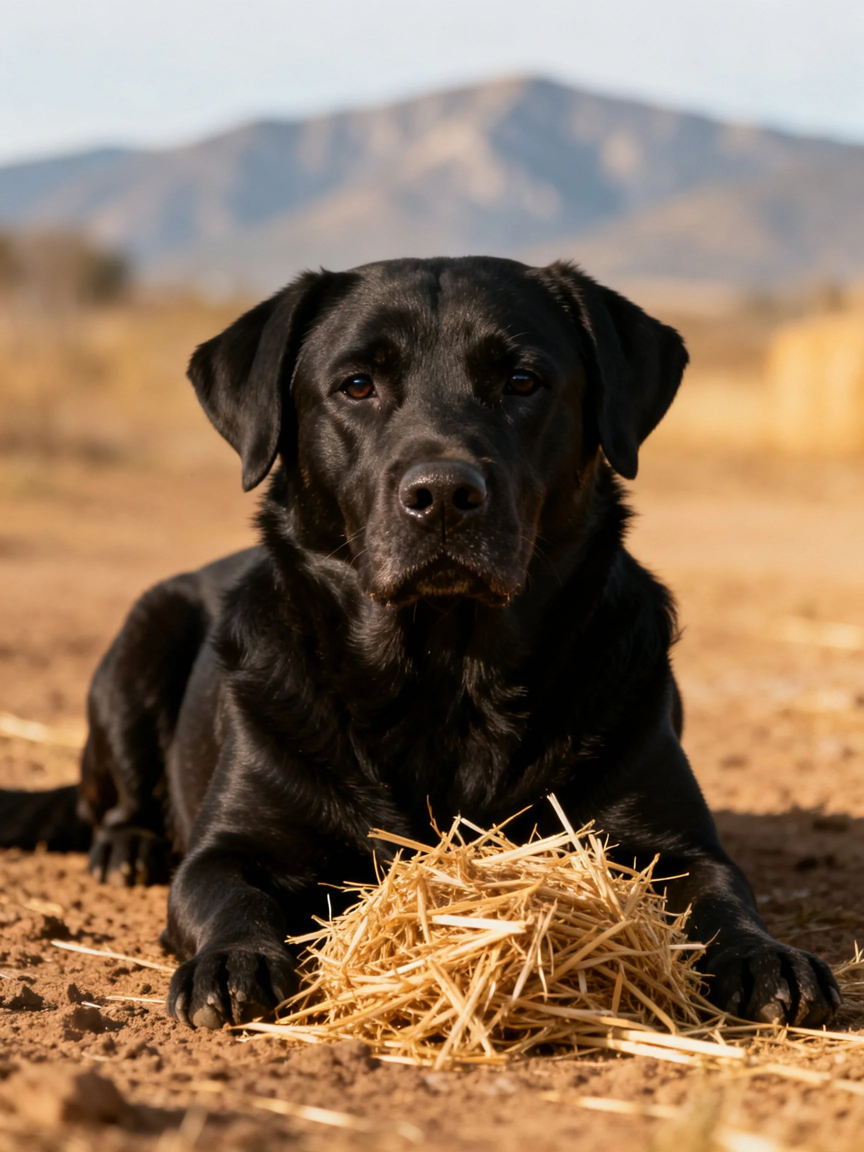 A black Labrador rests near a pile of golden straw outdoors