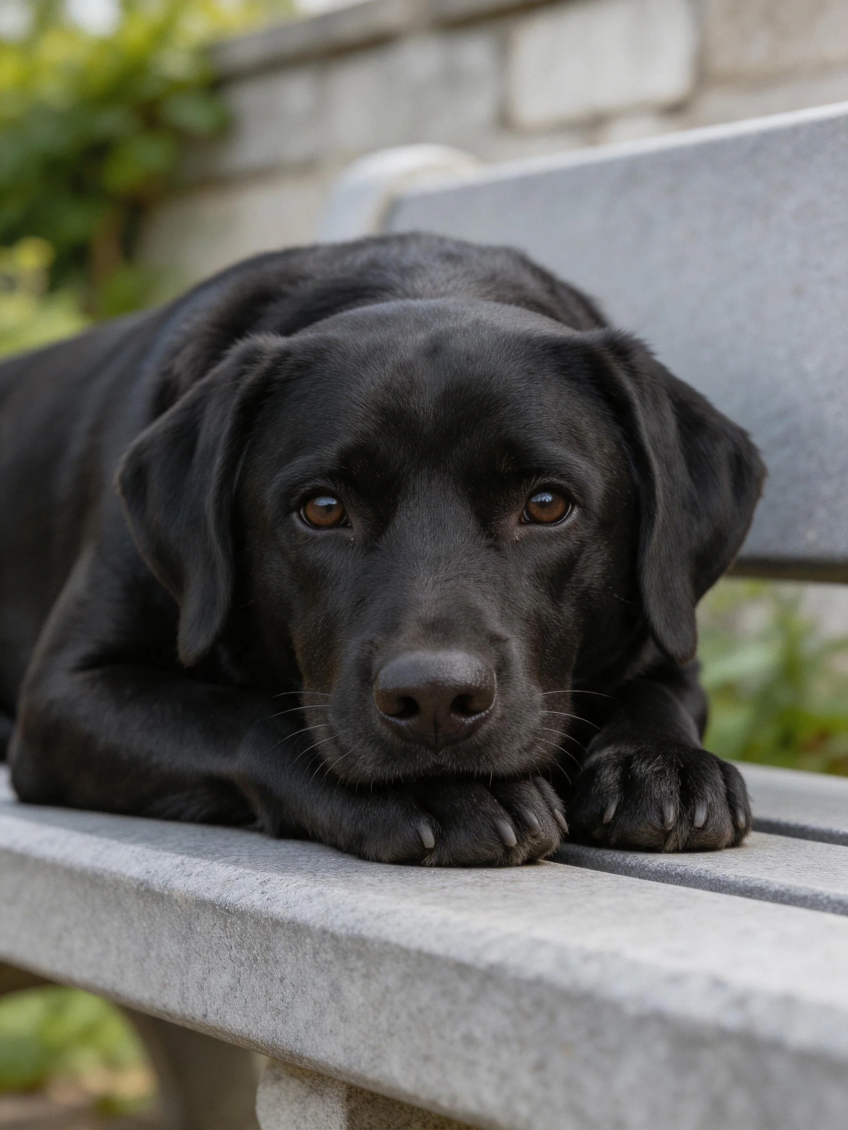 A black Labrador rests on a gray park bench outdoors