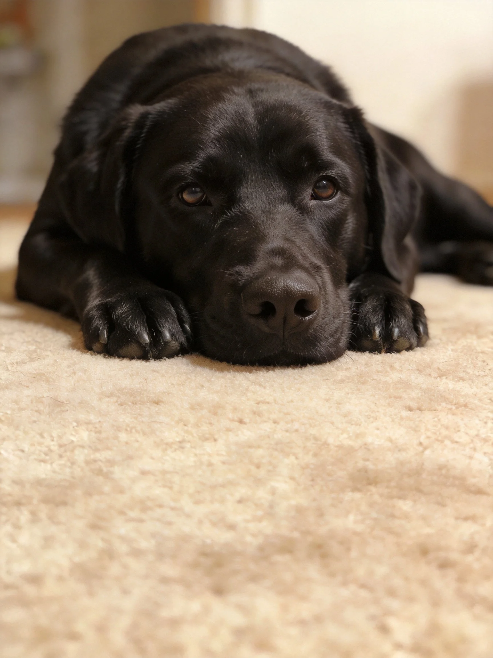 A black Labrador lies calmly on a plush carpet inside