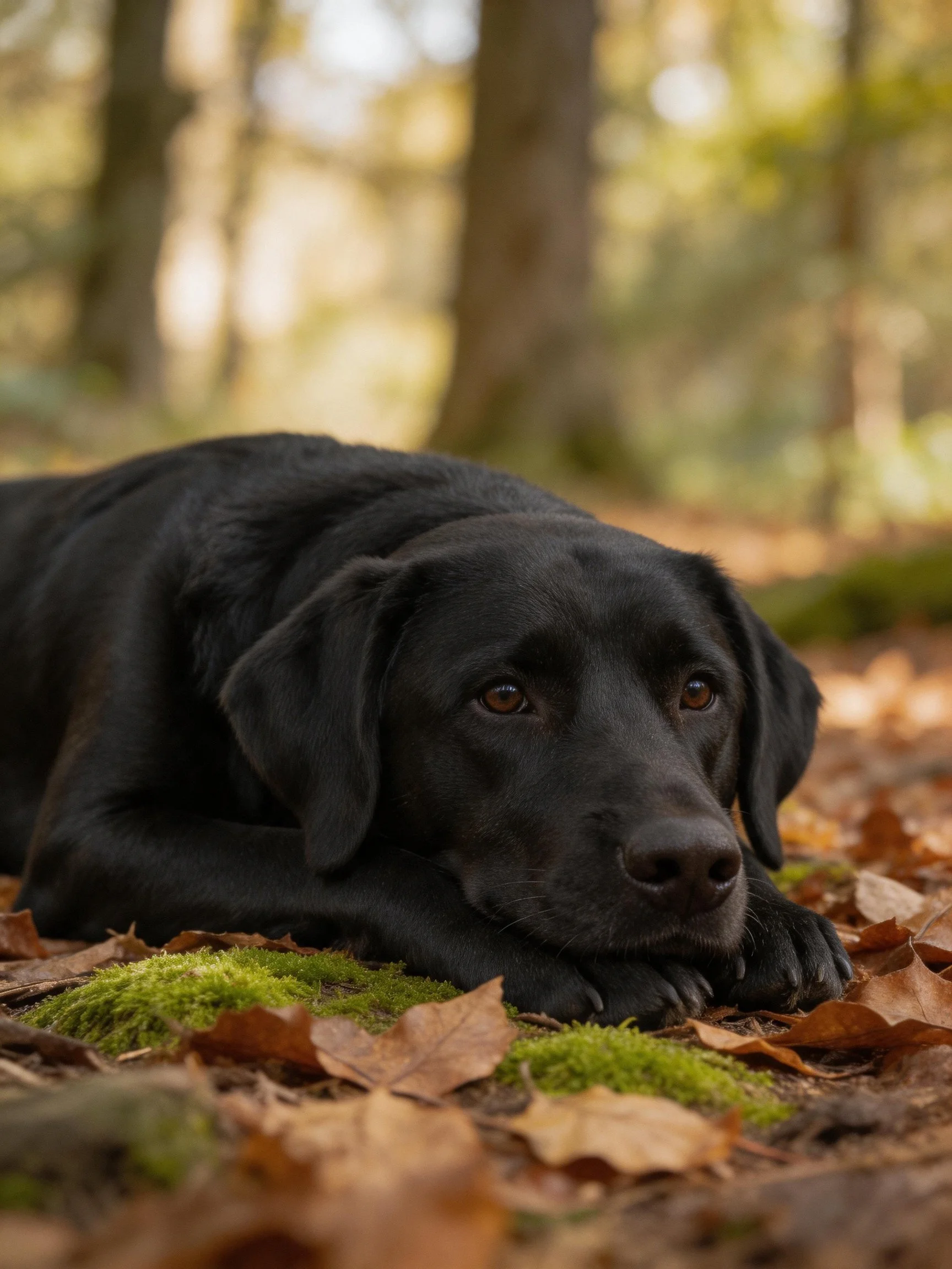 A black Labrador rests on moss amid autumn leaves in a forest