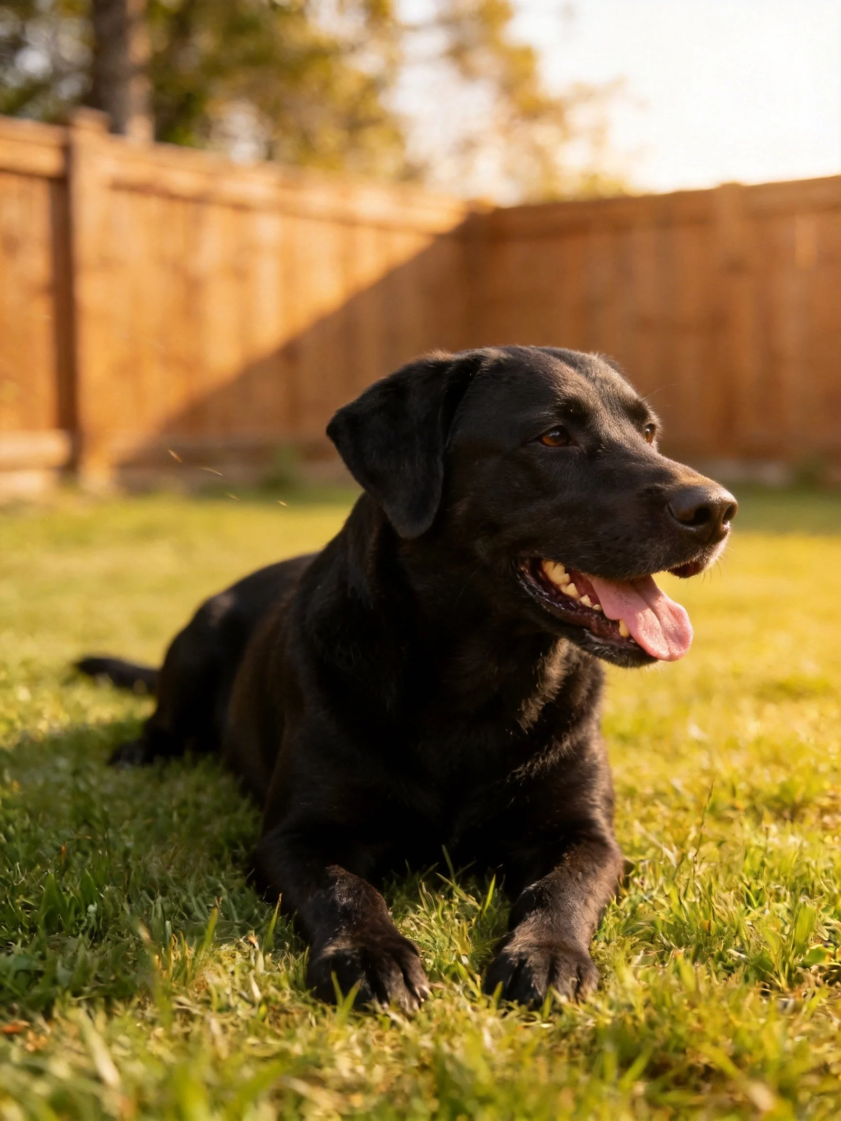 A black Labrador relaxes in a fenced backyard with grass.