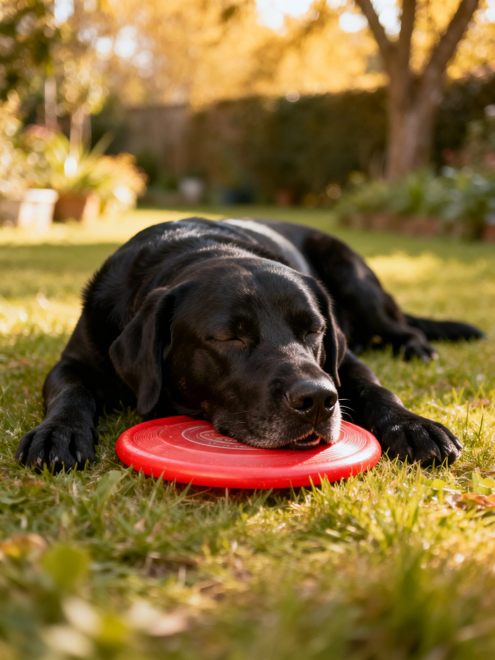 A black Labrador rests with a bright red frisbee on green grass