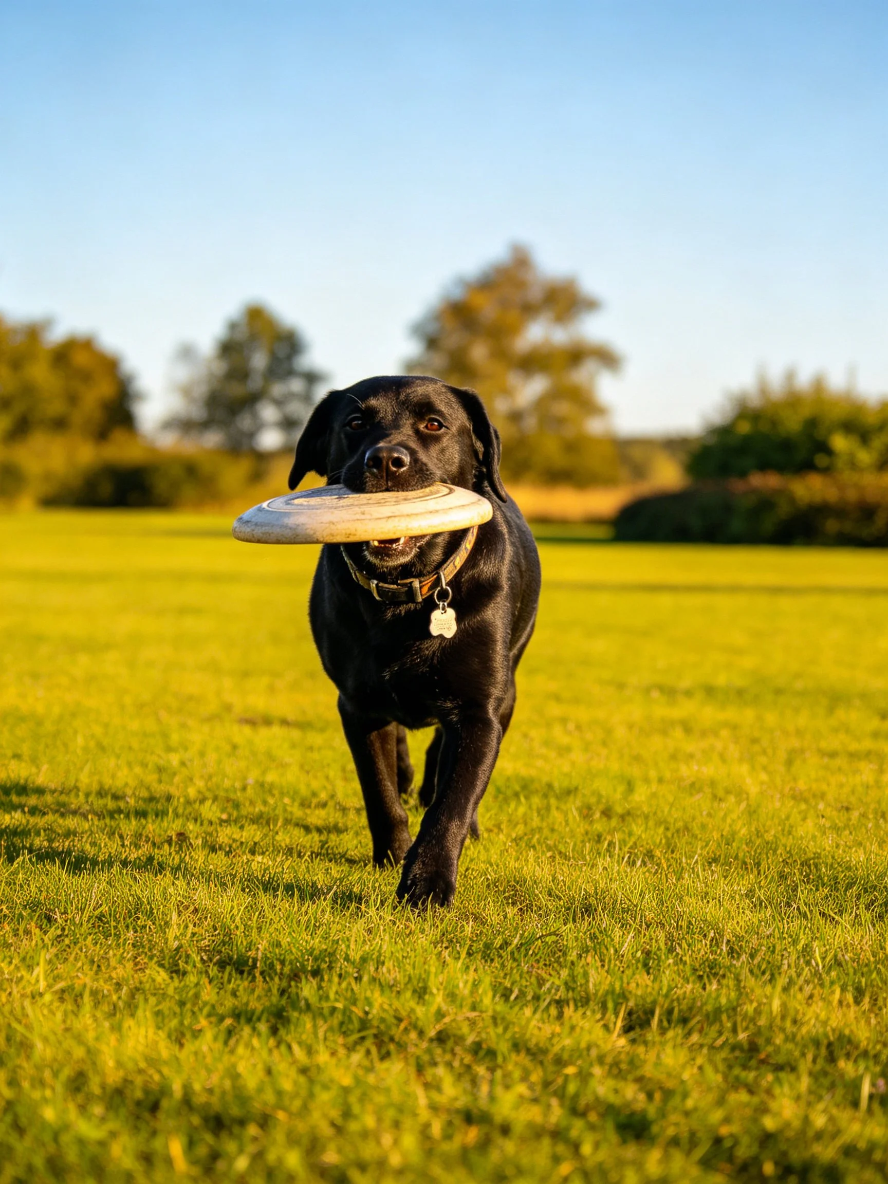 A black Labrador retriever carries a frisbee across an open grassy field.