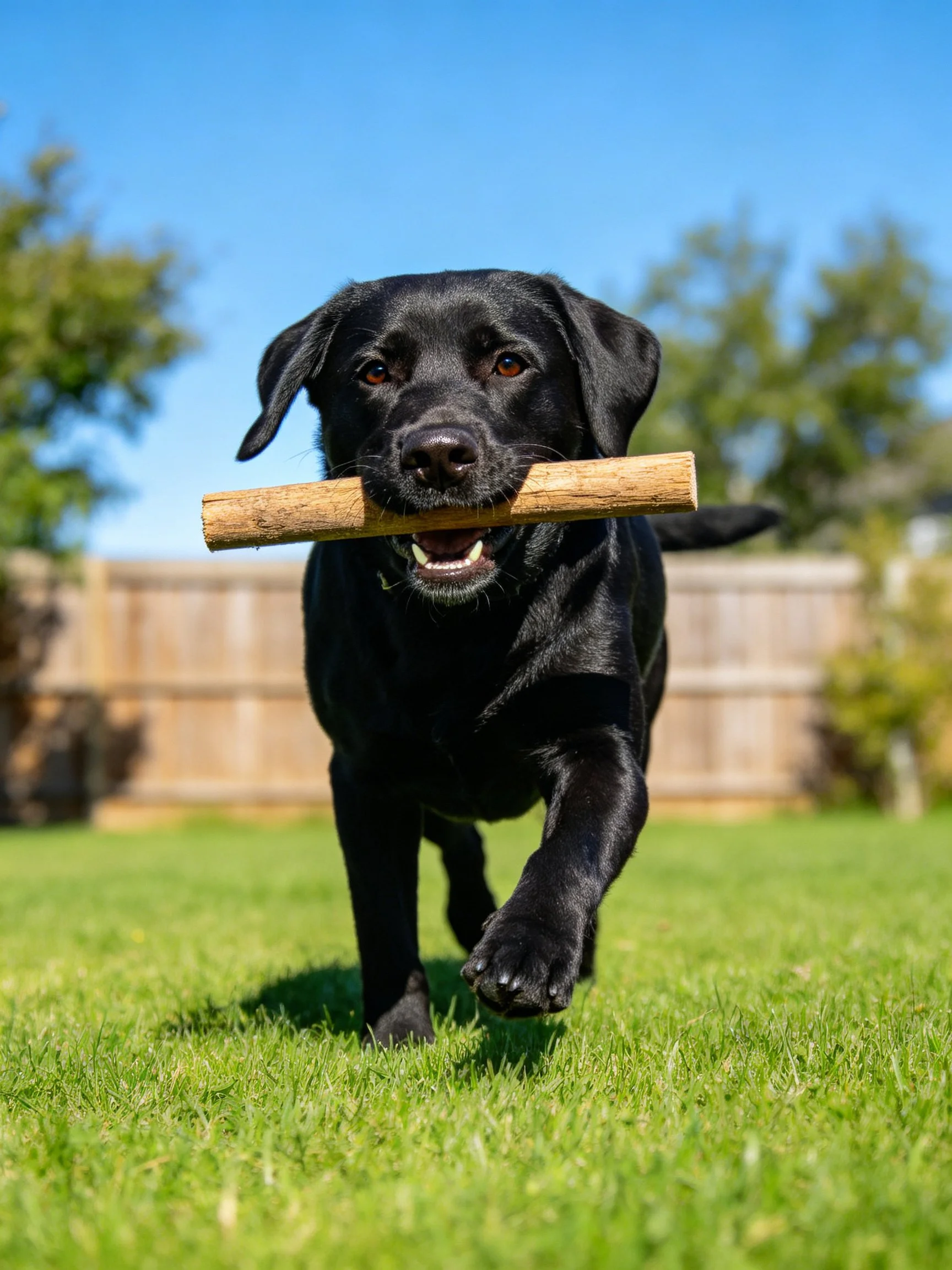 A black Labrador retriever runs through a sunny yard with a wooden stick in its mouth.