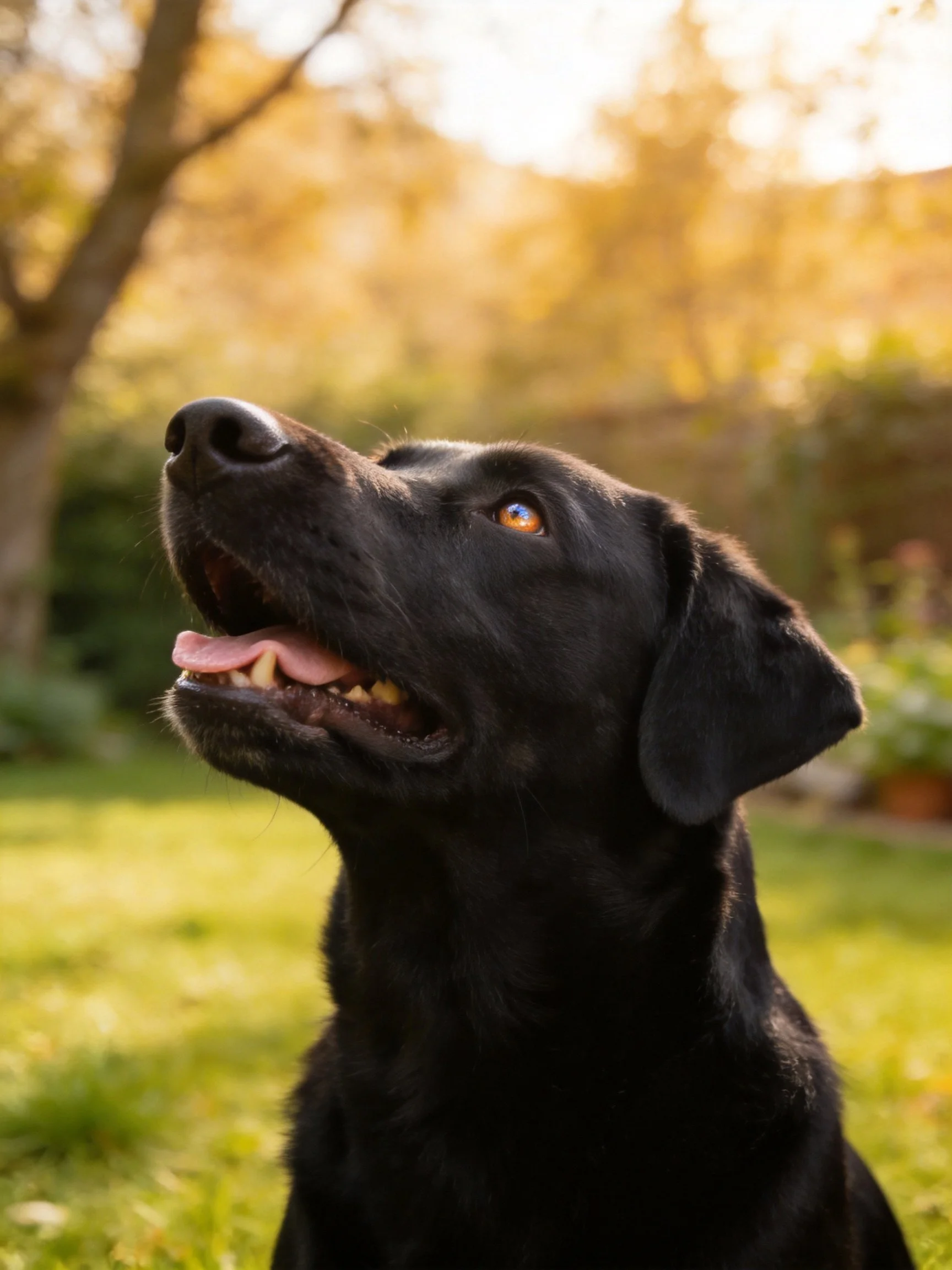 A black Labrador retriever gazes upward in a sunlit garden.