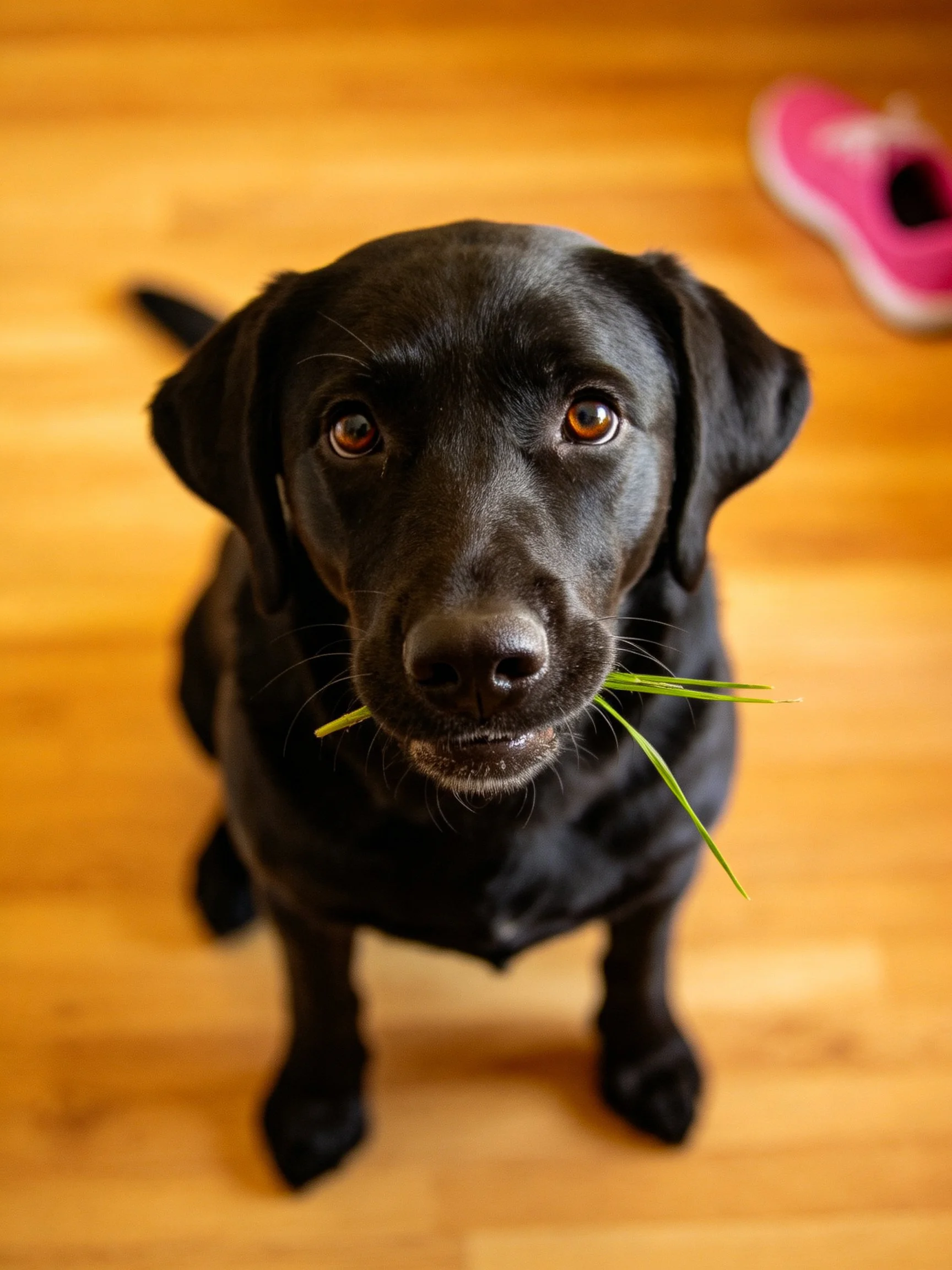 A black Labrador retriever sits on a wooden floor with grass in its mouth.