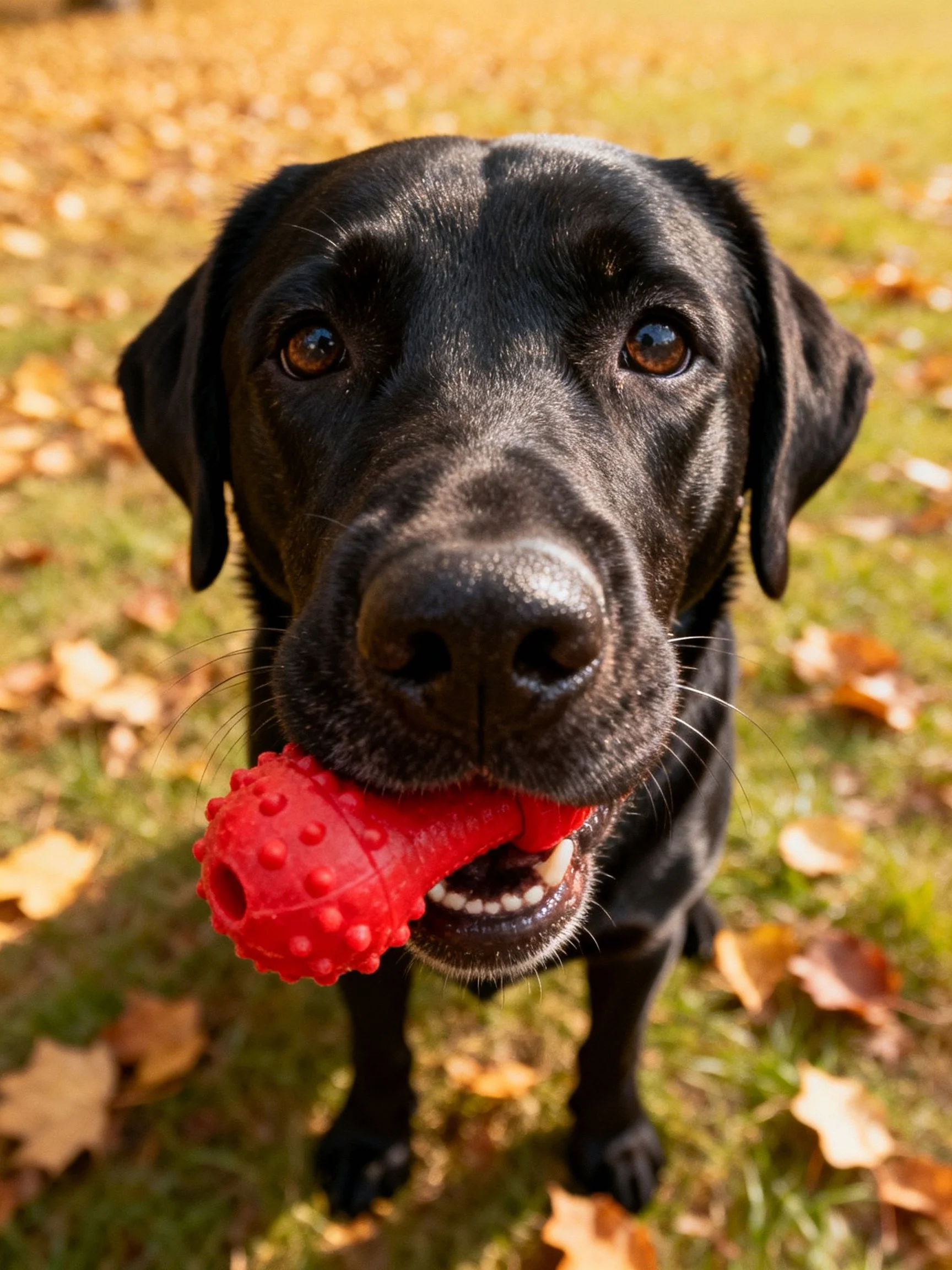 A black Labrador retriever carries a red chew toy outdoors amid fallen leaves.