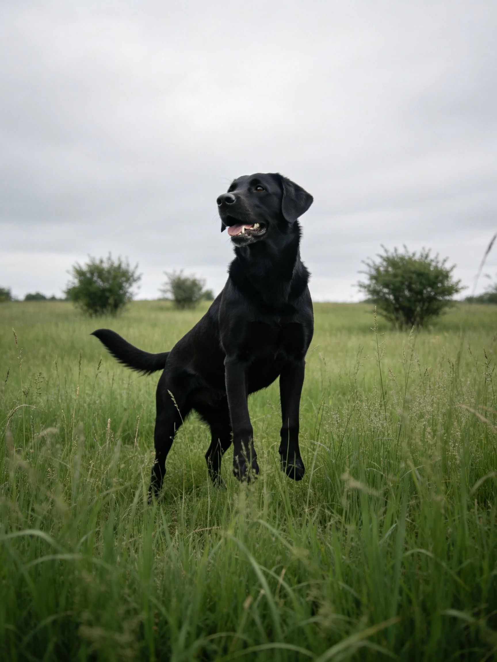 A black Labrador retriever leaps in a grassy field under an overcast sky.
