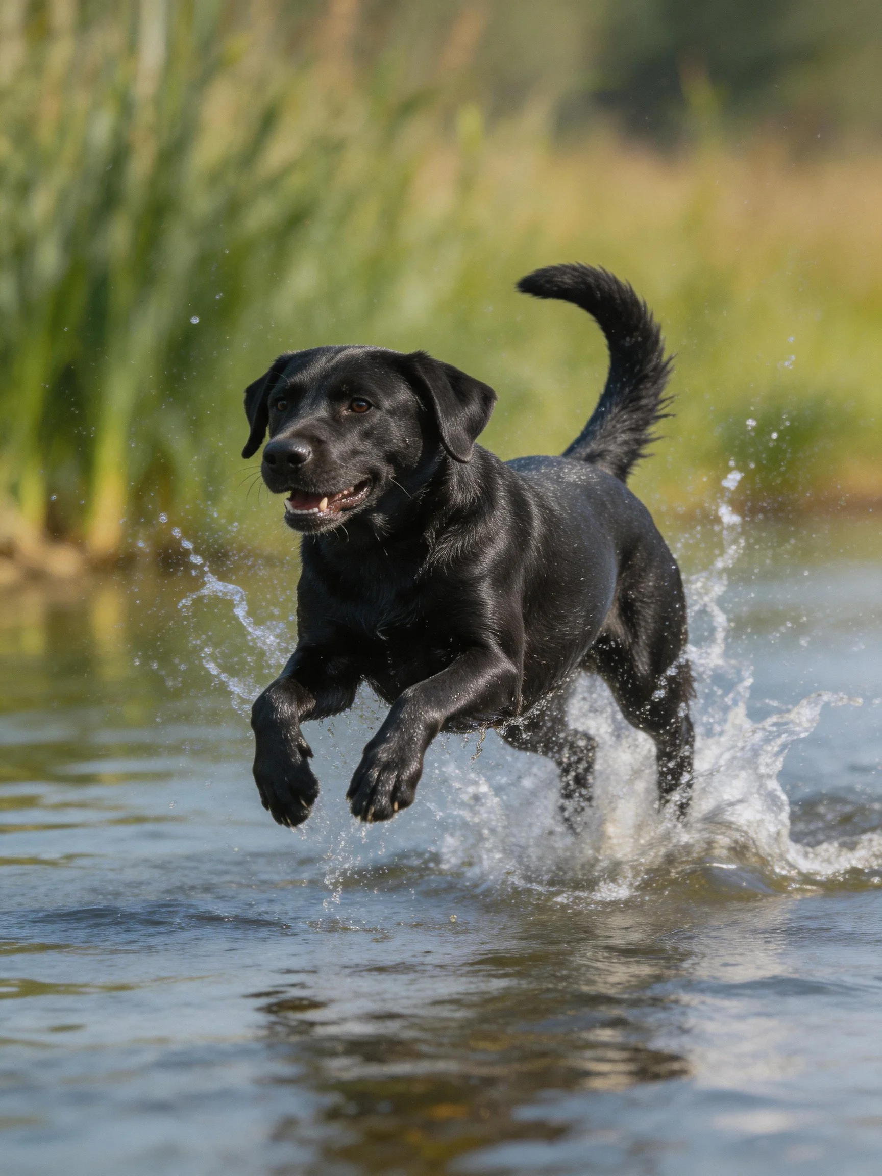 A black Labrador retriever splashes energetically through water outdoors.