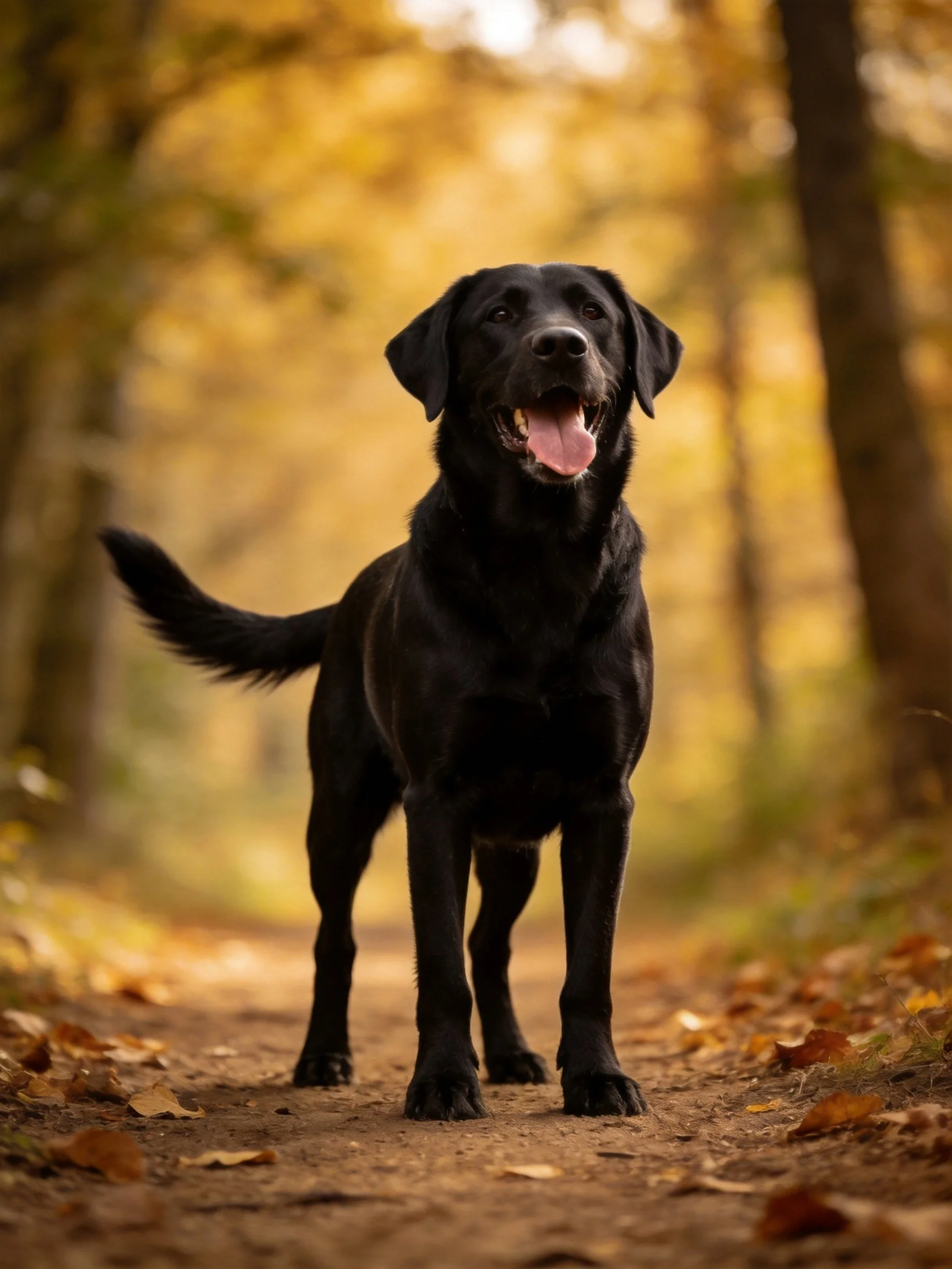 A black Labrador retriever on a leaf-covered forest trail in autumn