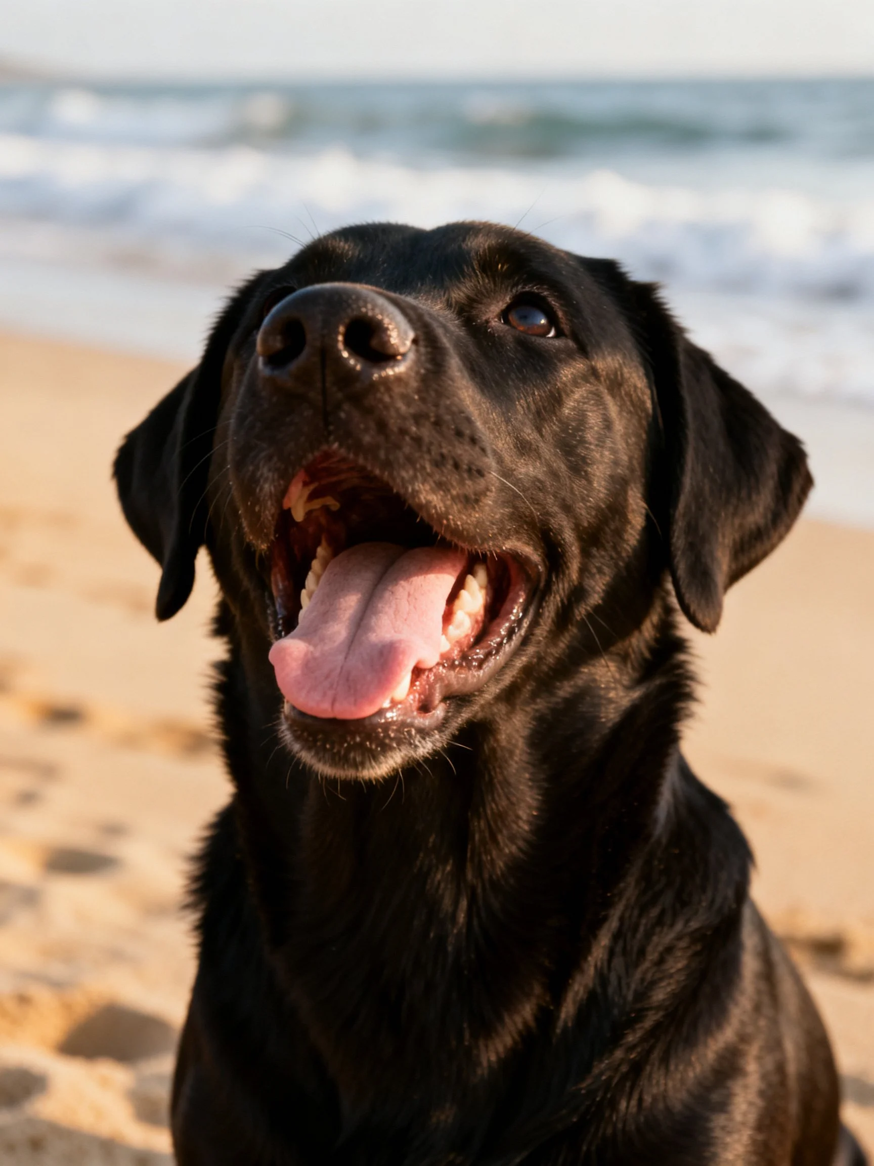 A black Labrador retriever enjoys time on a sandy beach near the ocean.
