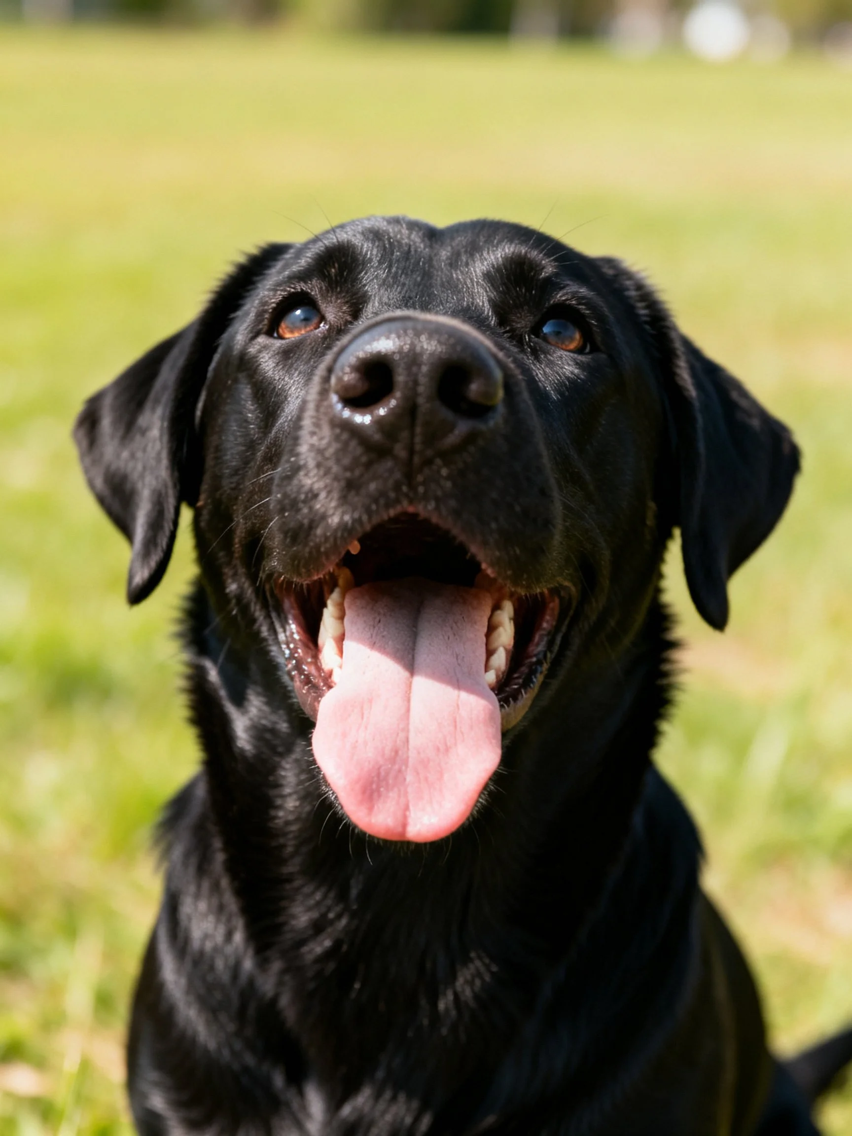A black Labrador retriever panting joyfully in a sunlit grassy field