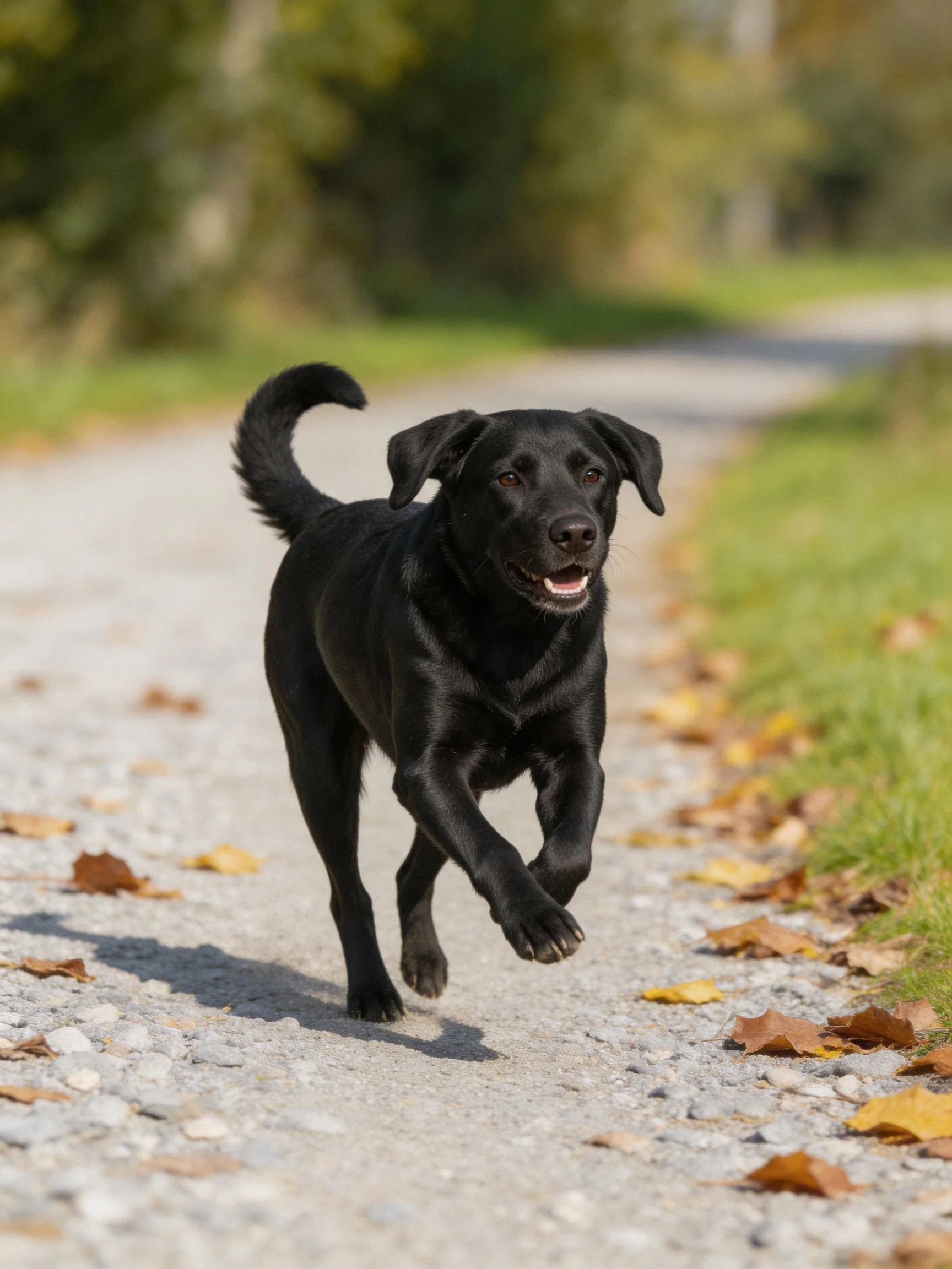 A black Labrador retriever runs joyfully on a gravel path with fallen leaves