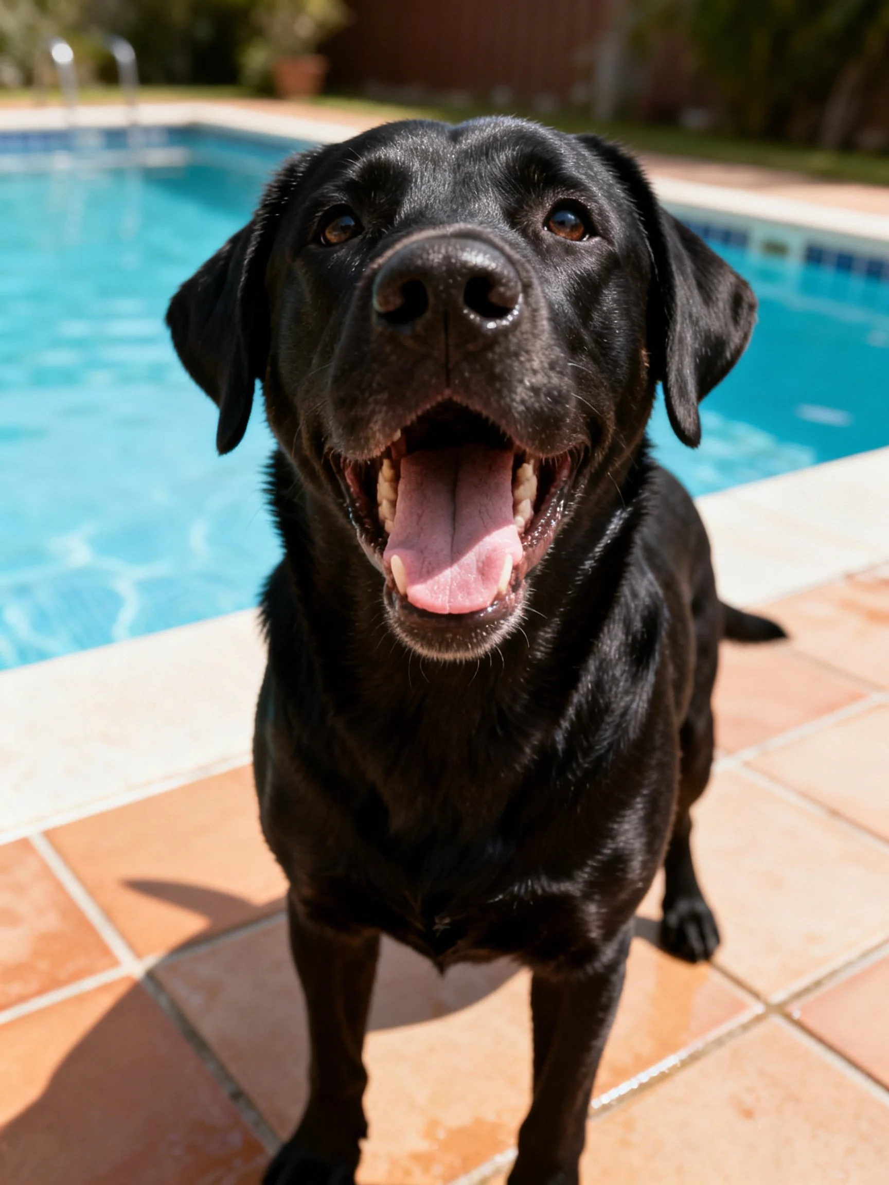 A black Labrador retriever sits happily by a swimming pool.
