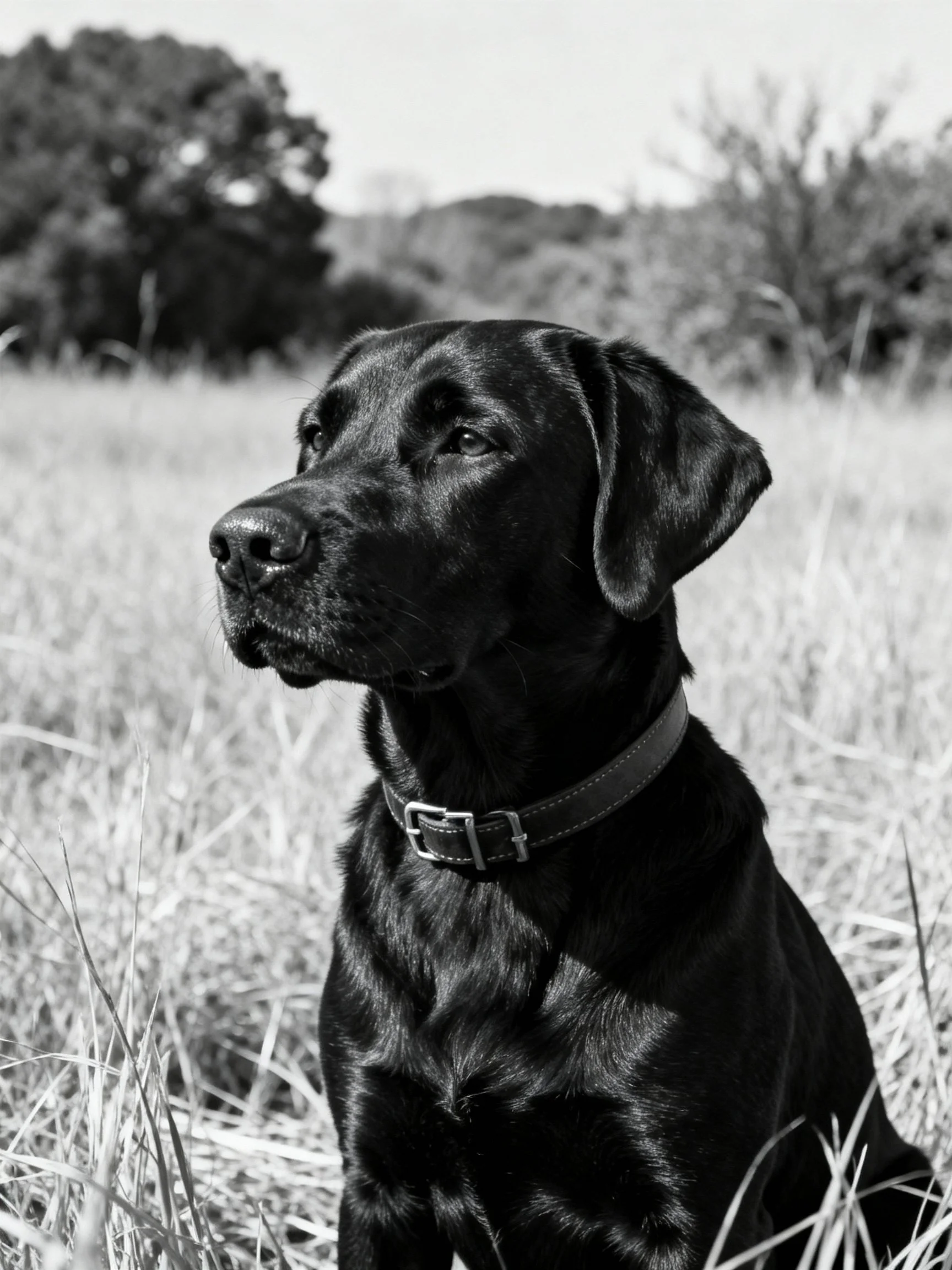 A black Labrador retriever sits calmly in an open grassy area with trees in the distance.