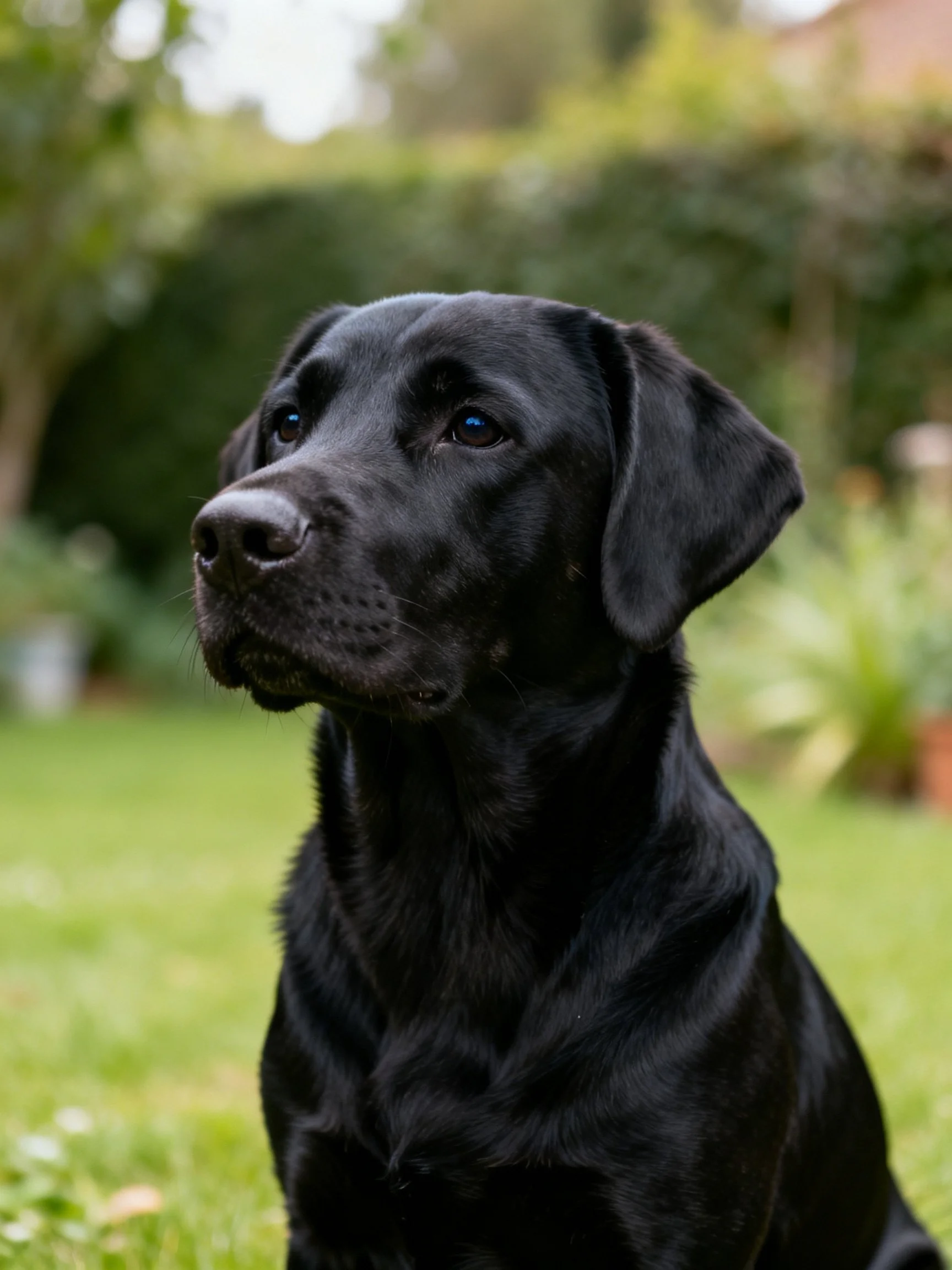 A black Labrador retriever sits calmly among greenery in an outdoor garden.