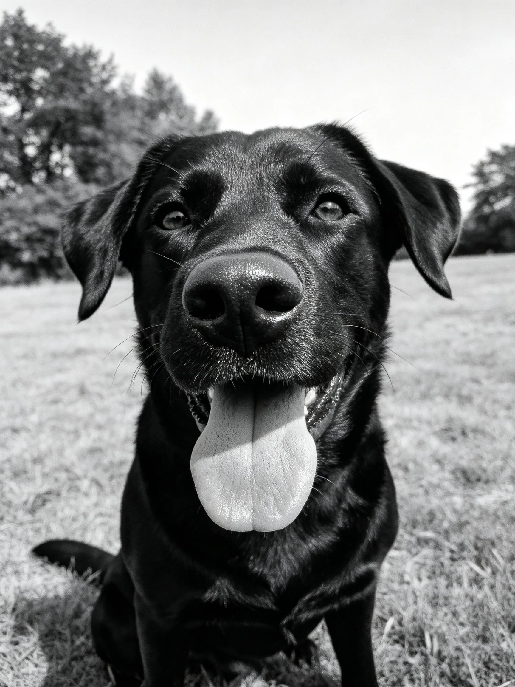 A black Labrador retriever sitting on grass with tongue extended