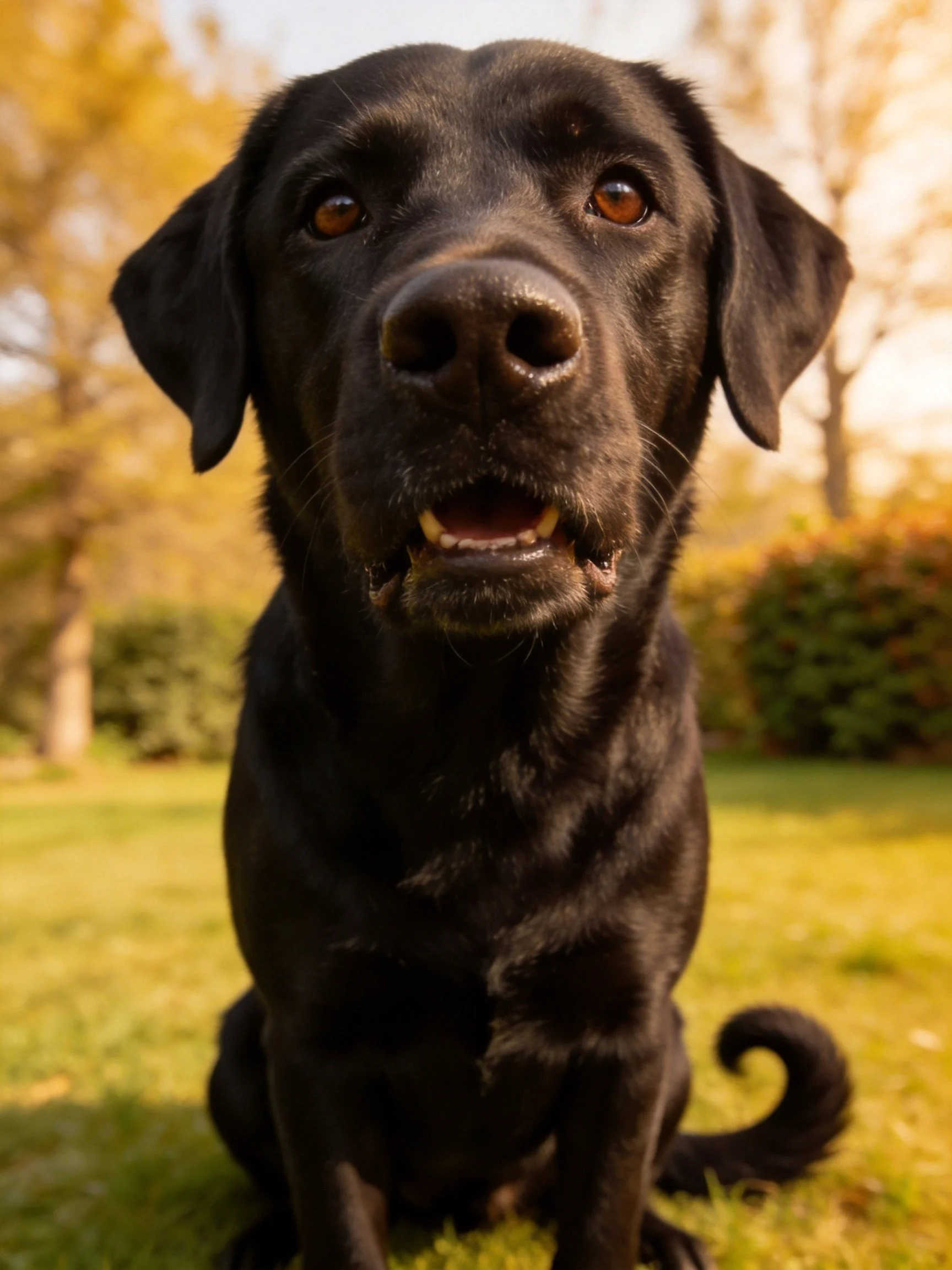 A black Labrador retriever sits peacefully on green grass in a sunlit outdoor area.
