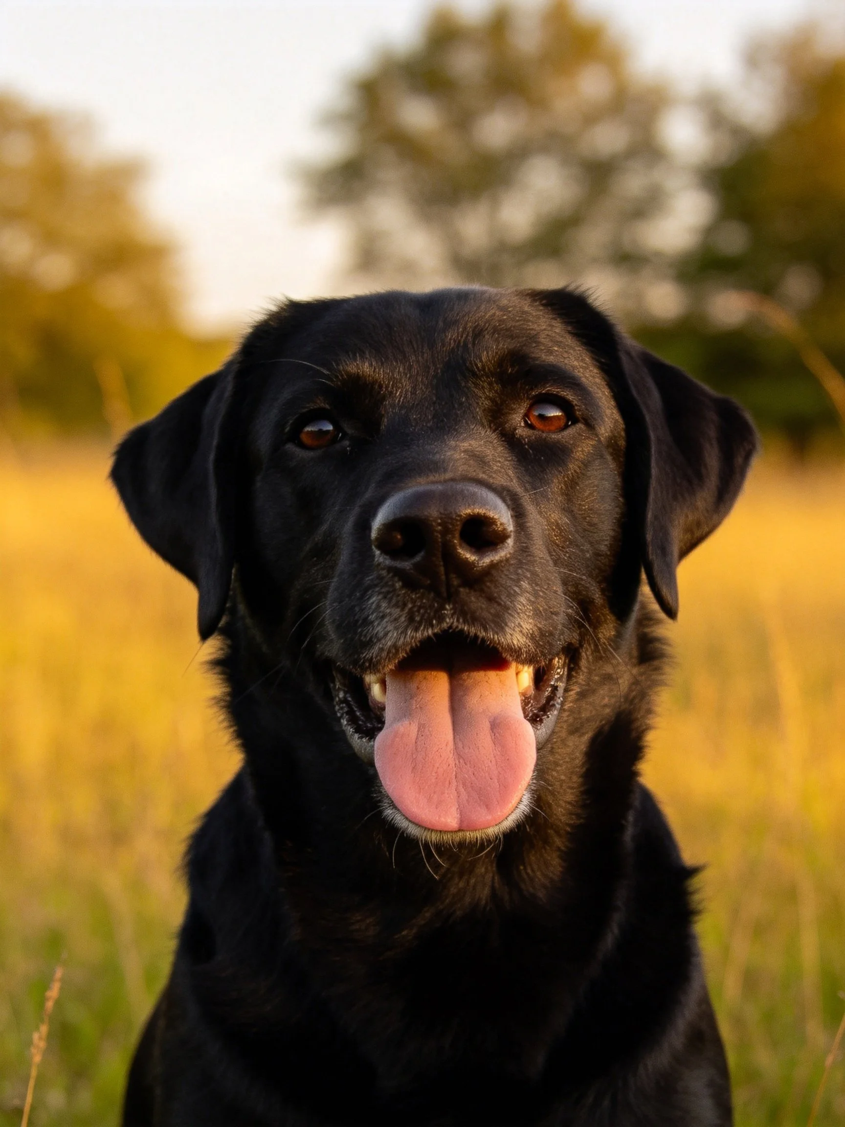 A black Labrador retriever smiles happily in a sunlit field.